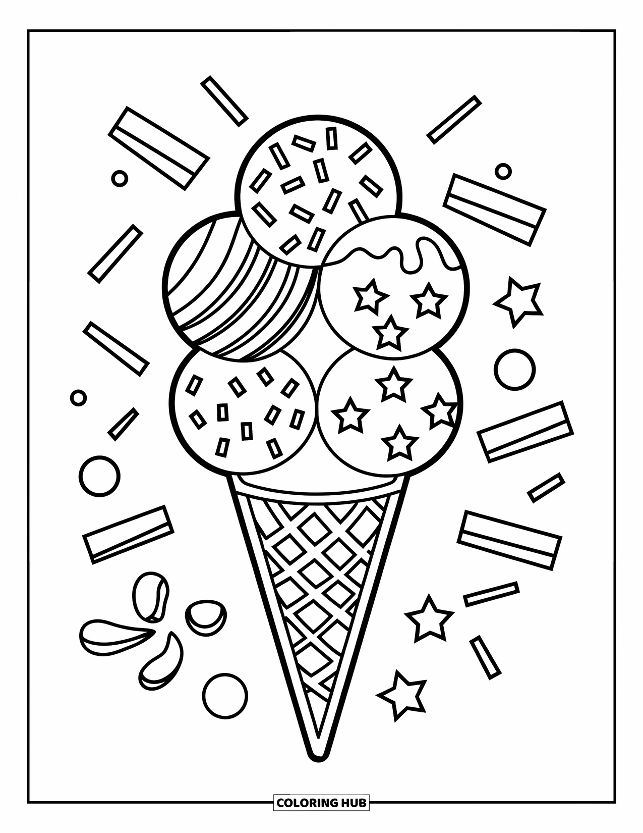 Desen de colorat cu înghețată pentru copii: Un cornet de înghețată cu cinci cupe, cu modele distractive, înconjurat de sprinkles și stele suplimentare