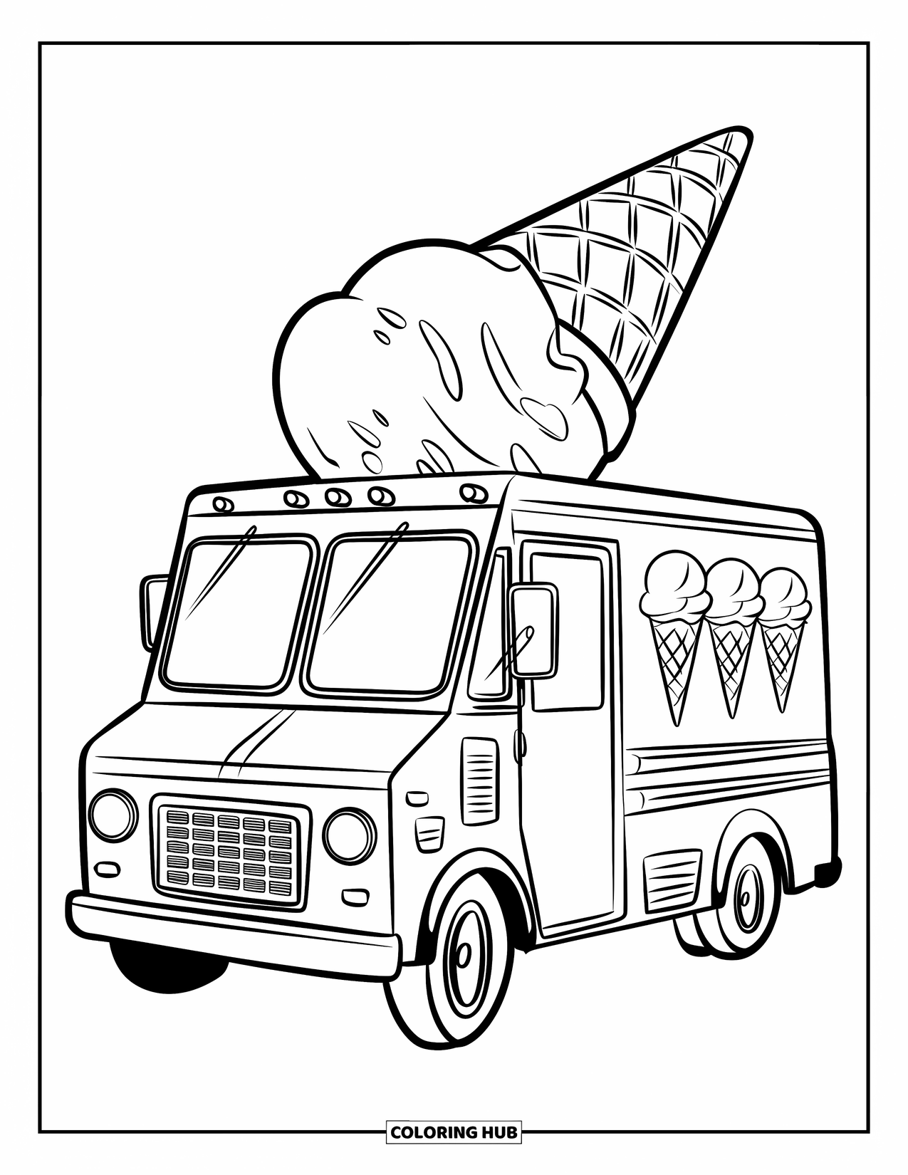 Desen de colorat cu înghețată pentru copii: O camionetă de înghețată distractivă, cu decorațiuni de cornet, aducând bunătăți delicioase într-o zi luminoasă și fericită
