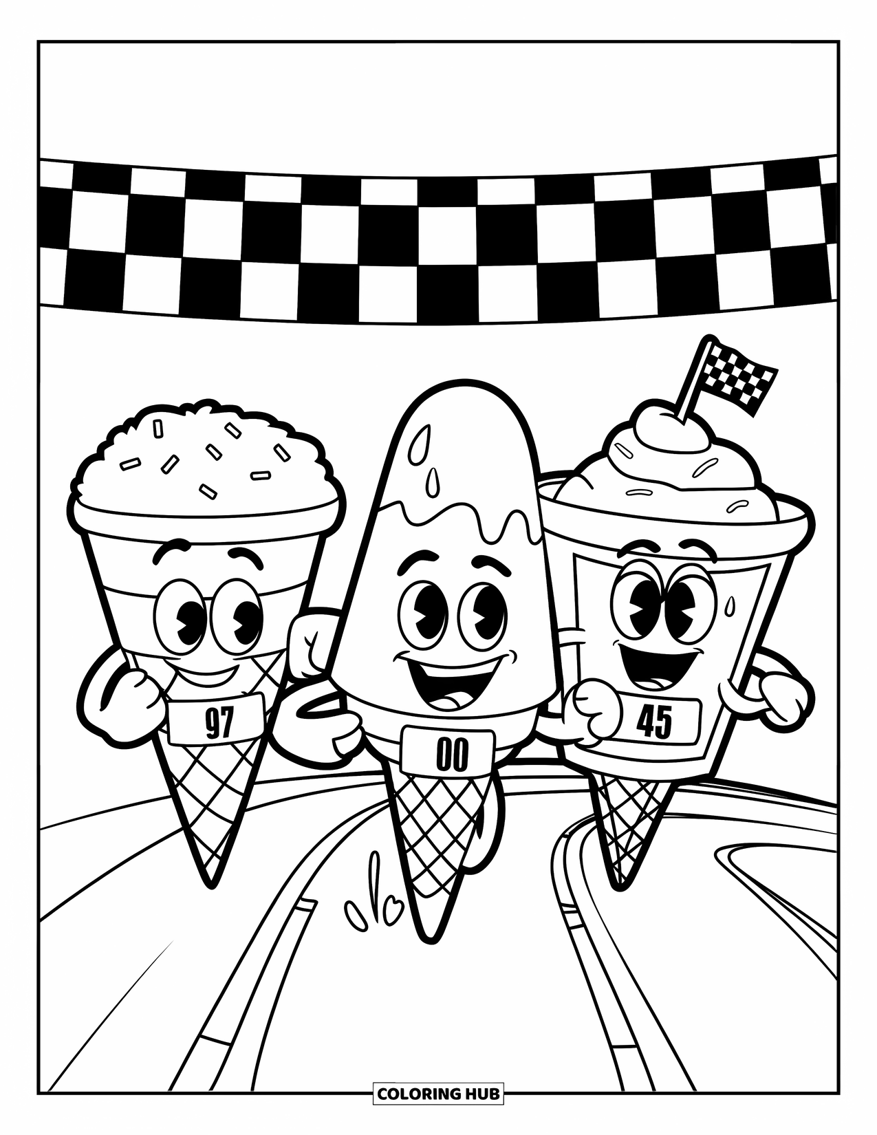 Desen de colorat cu înghețată pentru copii: O cursă distractivă între un cornet de înghețată, o înghețată pe băț și o cupă, fiecare cu expresii caraghioase