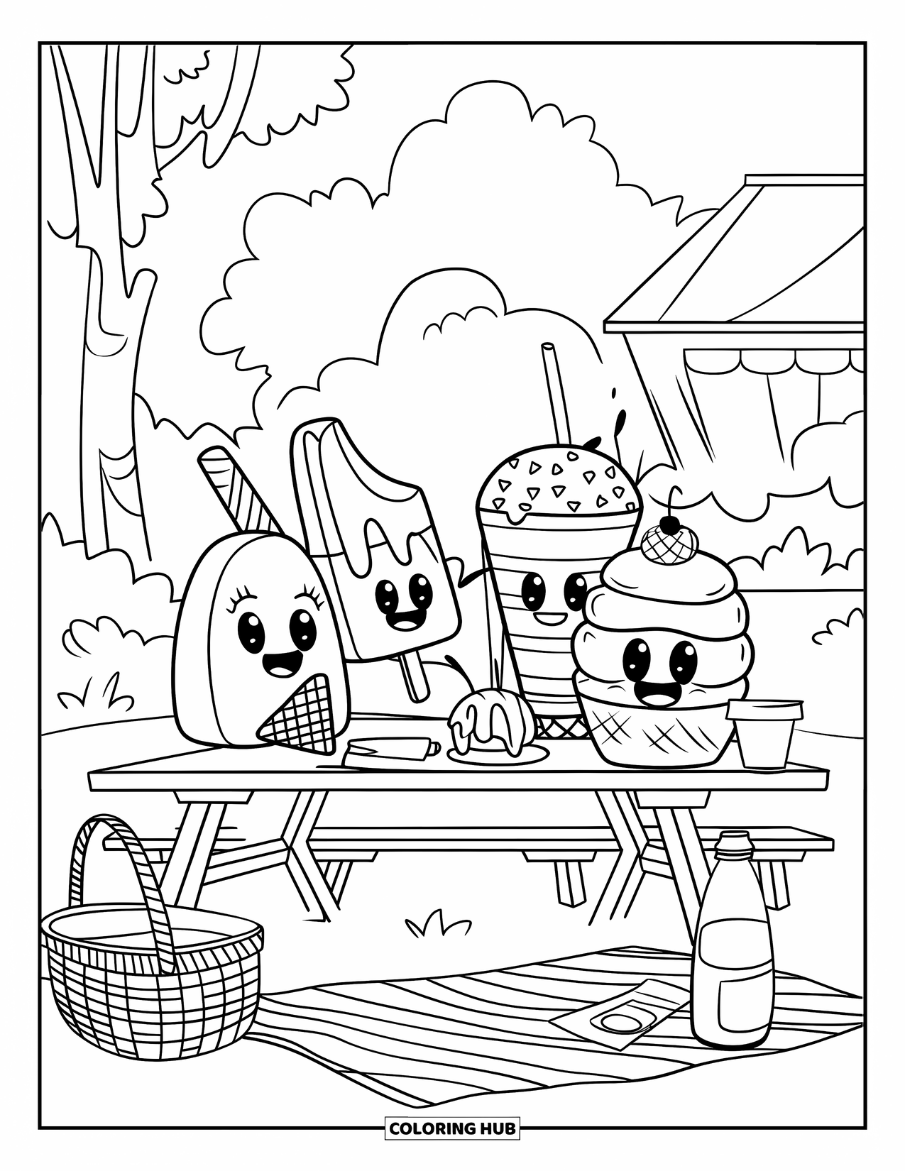 Desen de colorat cu înghețată pentru copii: Un grup de bunătăți de înghețată se bucură de un picnic distractiv într-un parc însorit, cu o față de masă în carouri