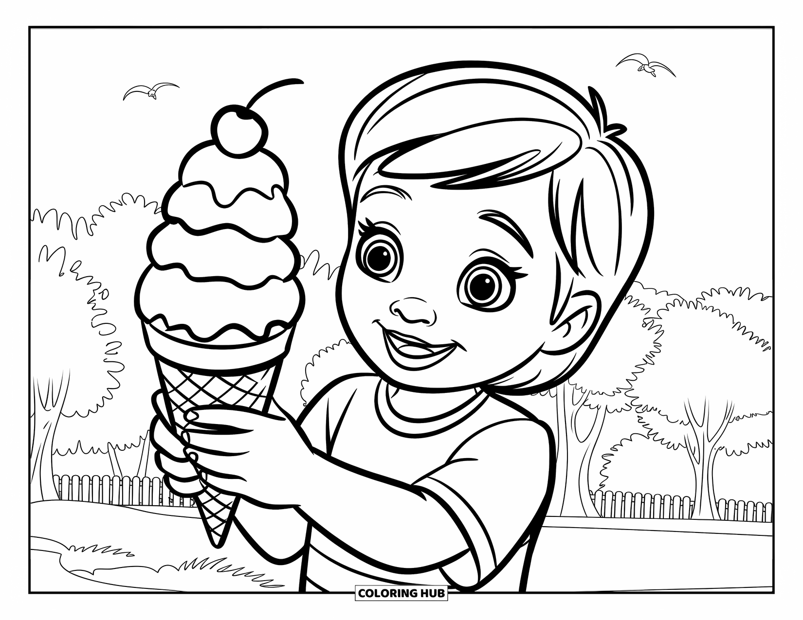 Desen de colorat cu înghețată pentru copii: Un copil fericit ține un cornet de înghețată cu două cupe, stând într-un parc însorit cu copaci și păsări