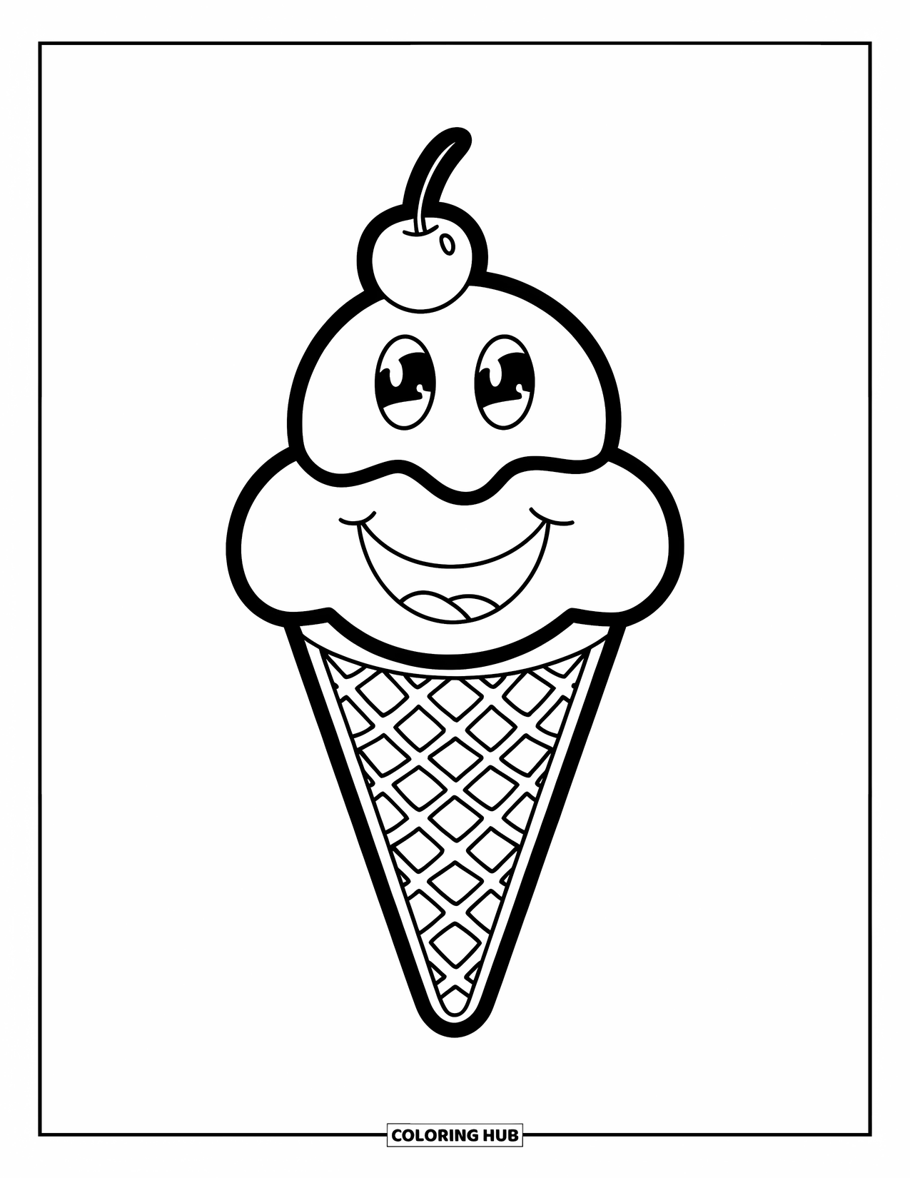 Desen de colorat cu înghețată pentru copii: Un cornet de înghețată fericit, cu o față, două cupe mari și o cireașă deasupra, plin de personalitate