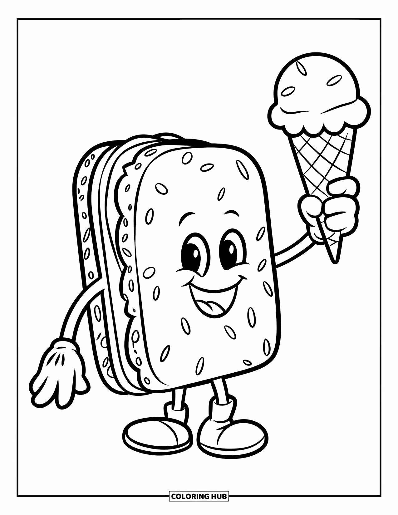Desen de colorat cu înghețată pentru copii: Un sandviș fericit cu înghețată face cu mâna în timp ce ține un cornet, cu brațe de biscuiți și o personalitate distractivă