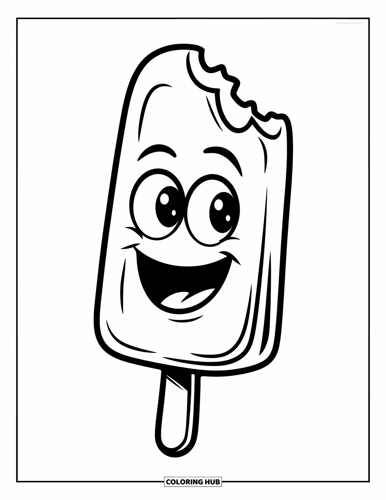 Desen de colorat cu înghețată pentru copii: O înghețată pe băț fericită, cu ochi mari de desene animate și o urmă de mușcătură în partea de sus, stând pe un băț