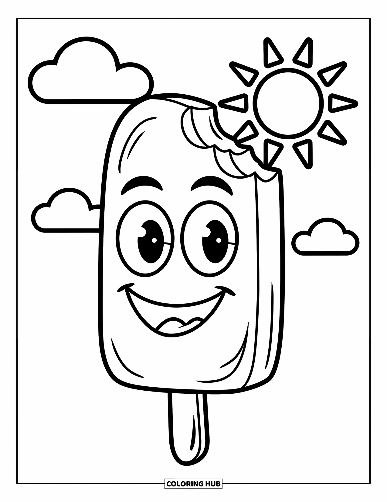 Desen de colorat cu înghețată pentru copii: O înghețată pe băț fericită, cu ochi mari și o urmă de mușcătură, stând sub un soare strălucitor și un nor pufos