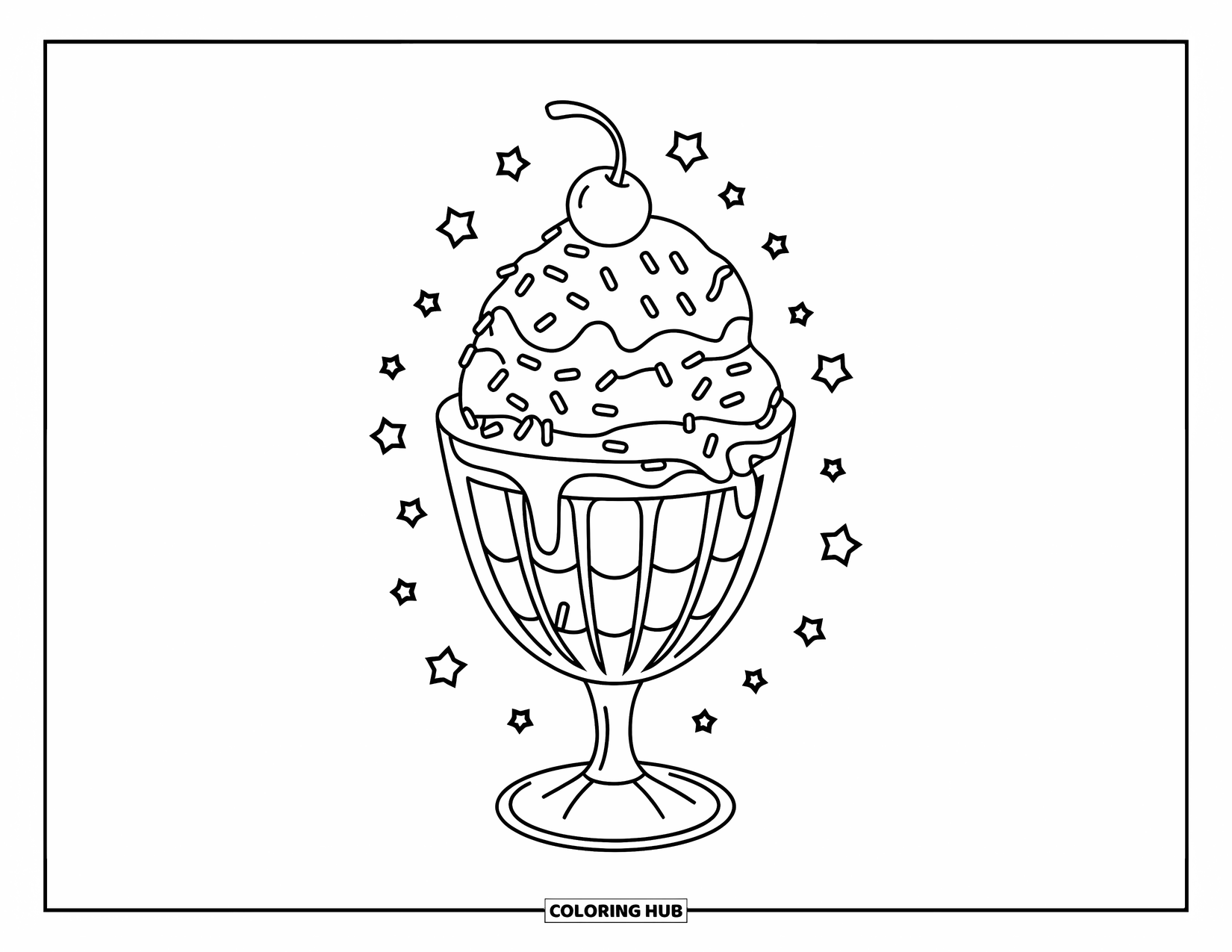 Desen de colorat cu înghețată pentru copii: Un pahar mare de cupă umplut cu straturi de înghețată, sirop, sprinkles și o cireașă deasupra