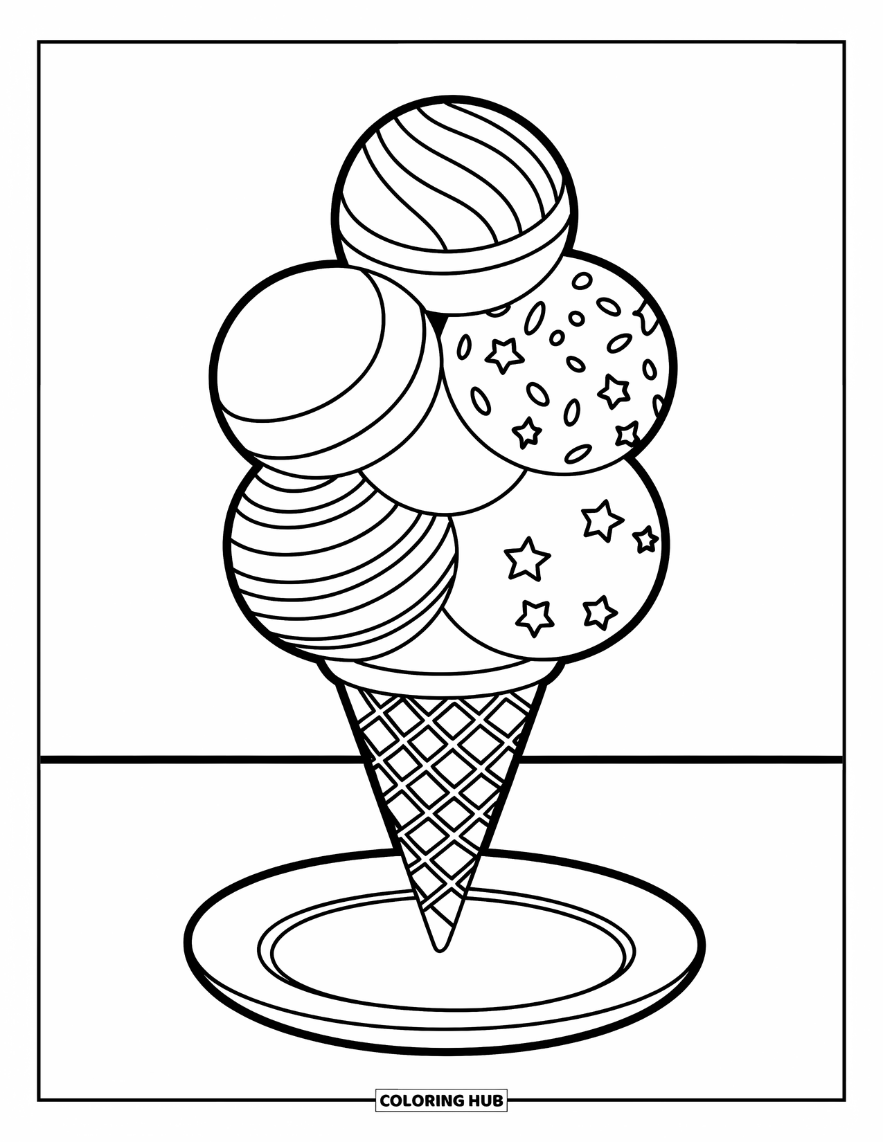 Desen de colorat cu înghețată pentru copii: Un cornet de înghețată stratificat cu cinci arome unice, cu vârtejuri, sprinkles și dungi