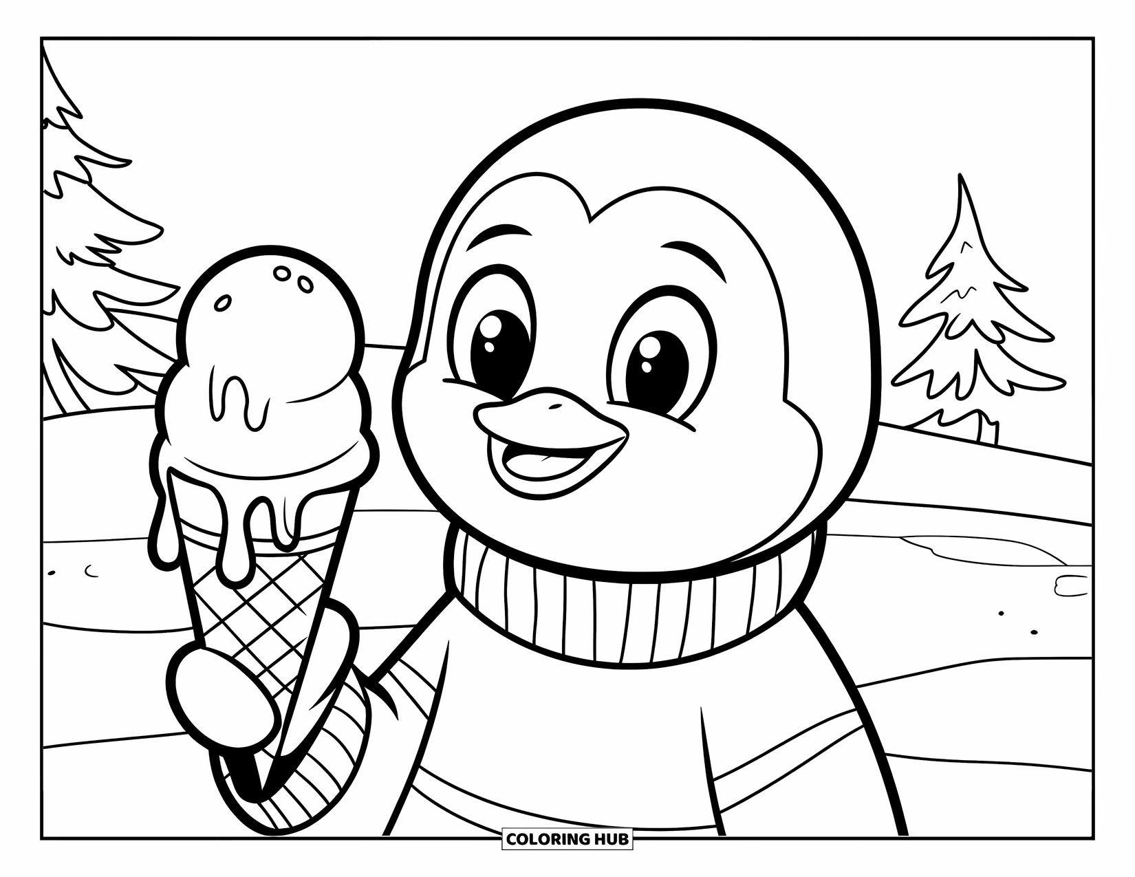 Desen de colorat cu înghețată pentru copii: Un pinguin într-un pulover cu dungi ține un cornet de înghețată, stând printre copaci înzăpeziți iarna
