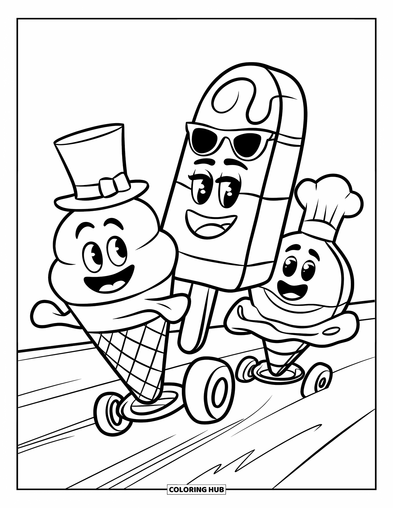 Desen de colorat cu înghețată pentru copii: O cursă jucăușă de înghețată cu un cornet, o înghețată pe băț și o cupă, fiecare îmbrăcată în ținute amuzante