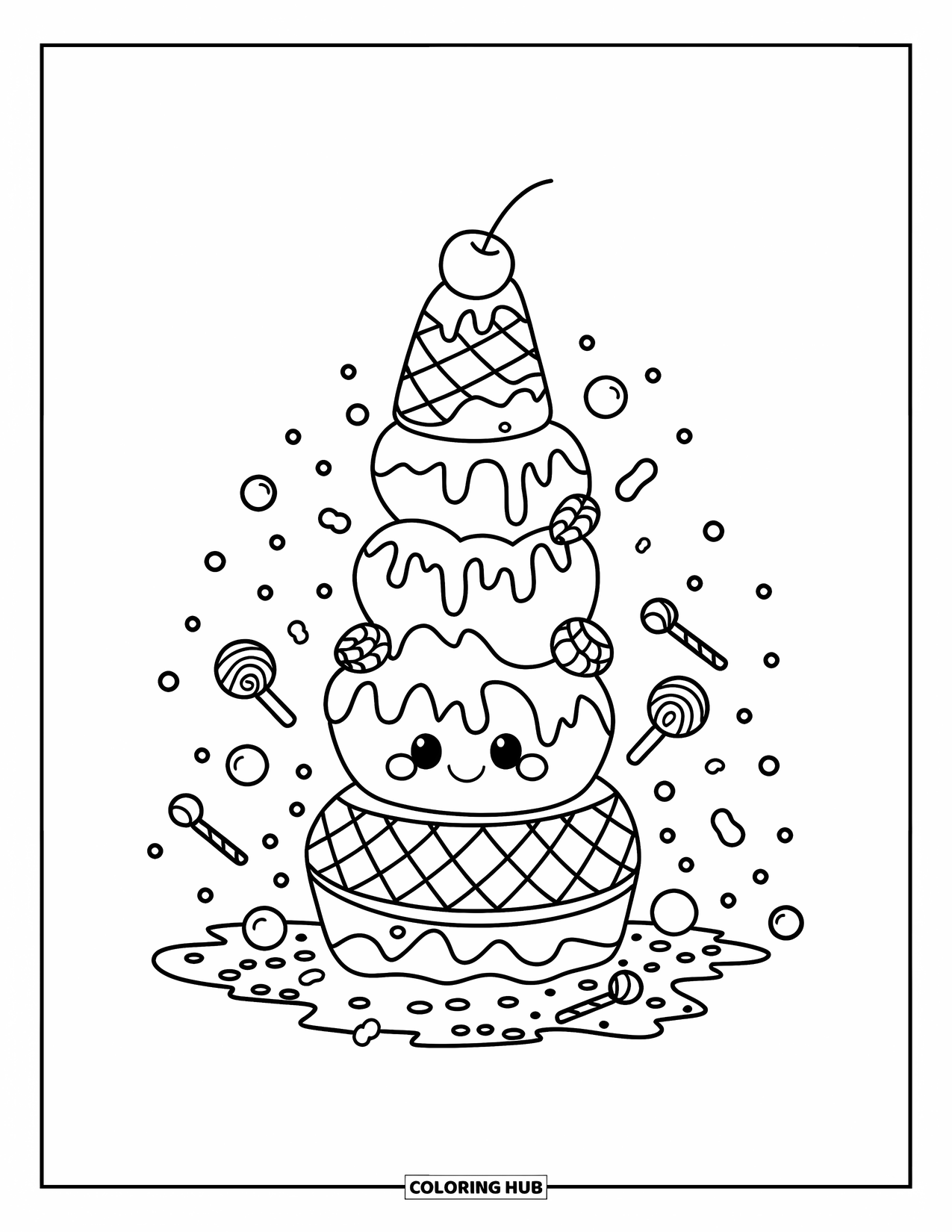 Desen de colorat cu înghețată pentru copii: Un turn jucăuș de înghețată cu modele creative, topindu-se ușor și înconjurat de accente de bomboane