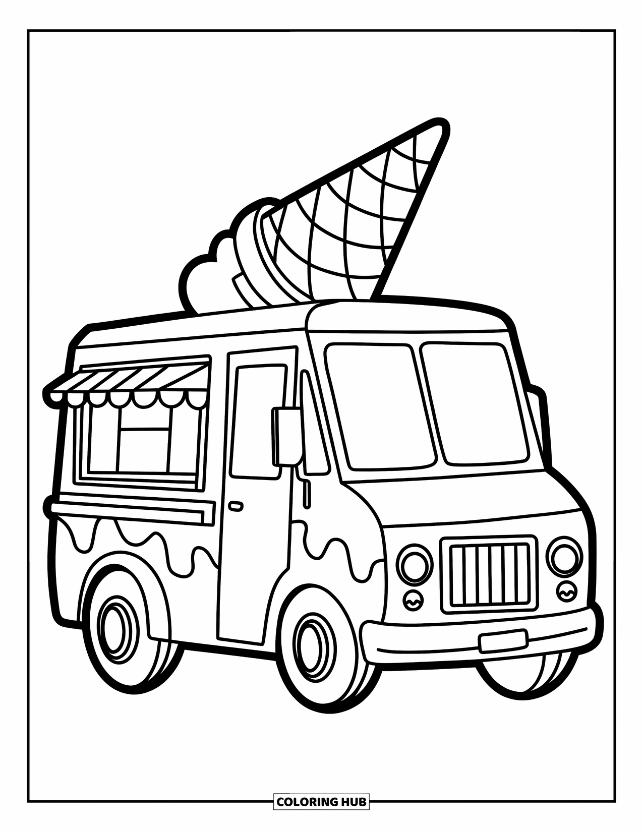 Desen de colorat cu înghețată pentru copii: O camionetă de înghețată jucăușă, cu un cornet uriaș pe acoperiș, gata să servească bunătăți dulci