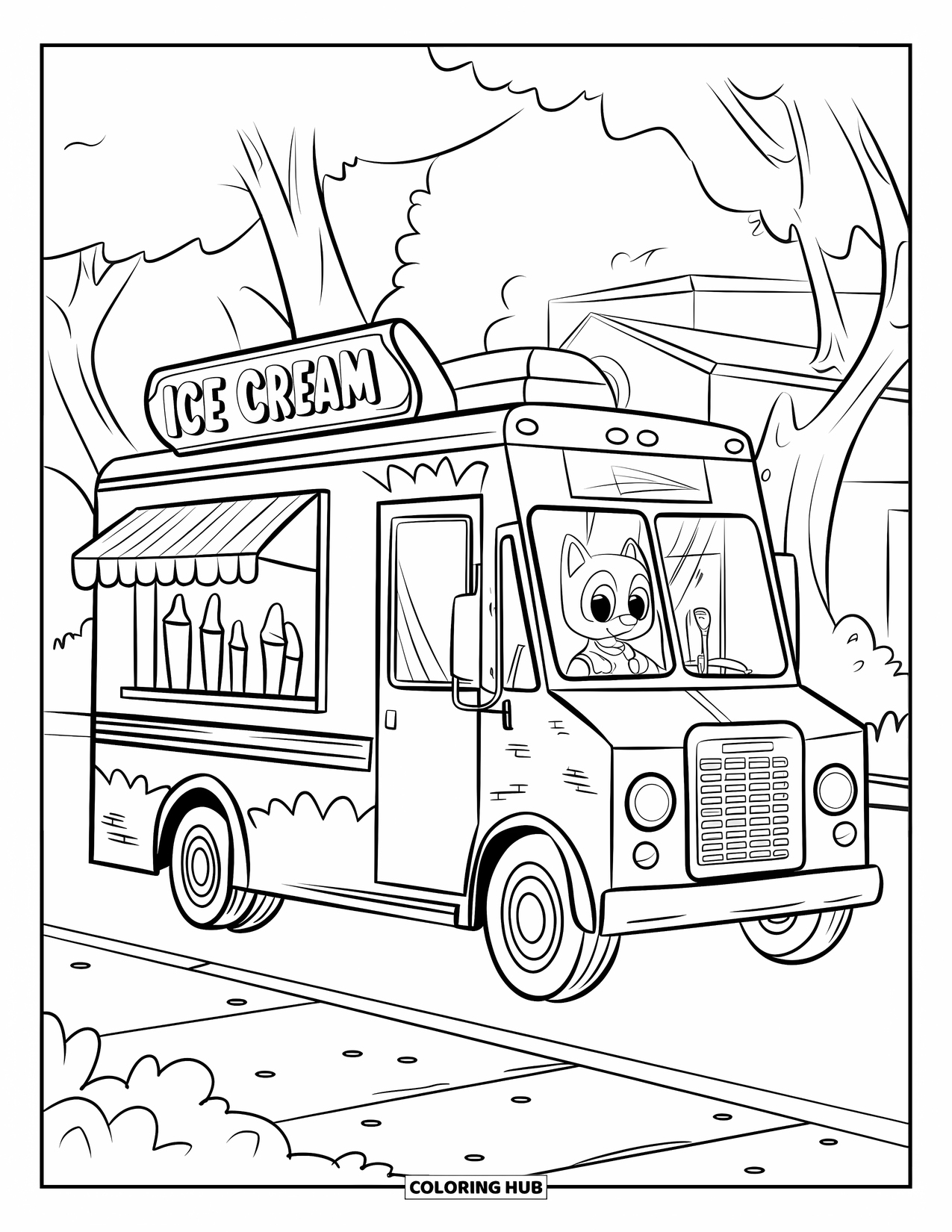 Desen de colorat cu înghețată pentru copii: O camionetă de înghețată jucăușă, cu un șofer animal, parcată pe un trotuar cu un peisaj urban în fundal