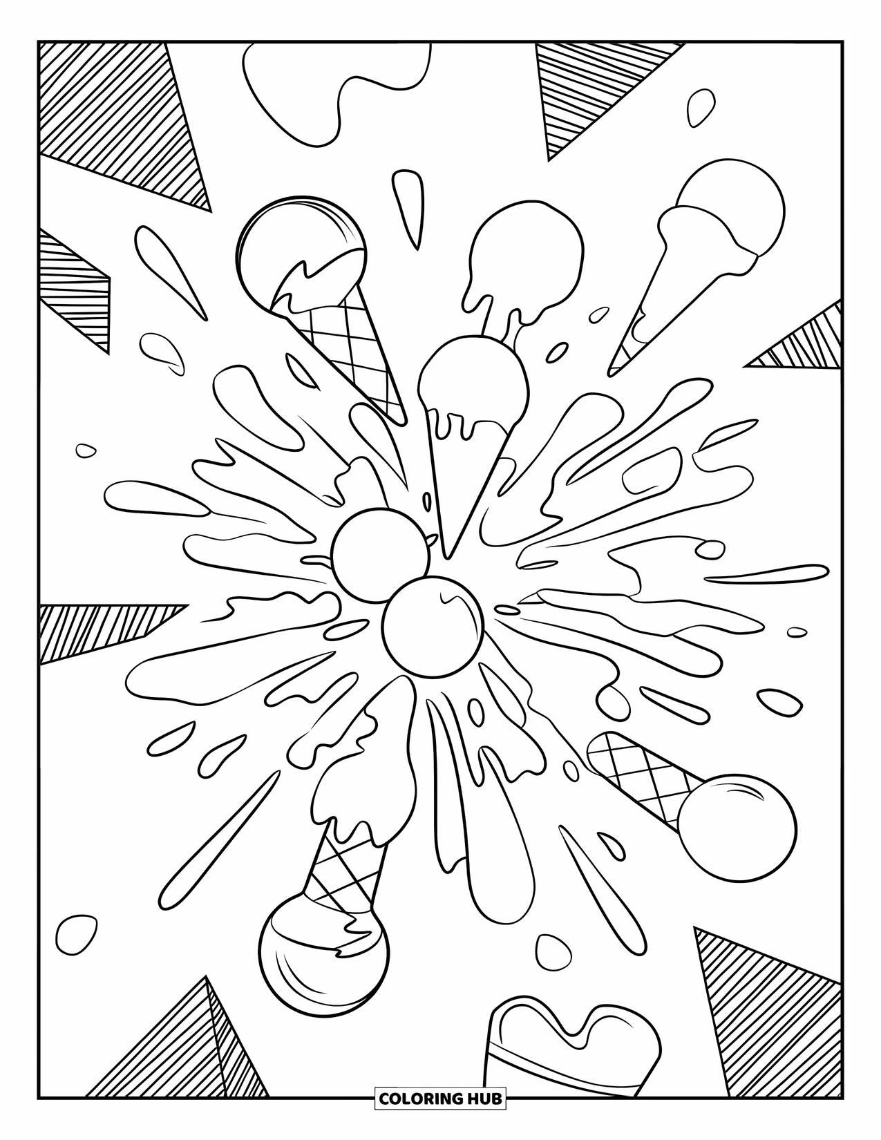 Desen de colorat cu înghețată pentru copii: Un design jucăuș de înghețată care se topește, cu forme expresive și elemente moderne, captivante