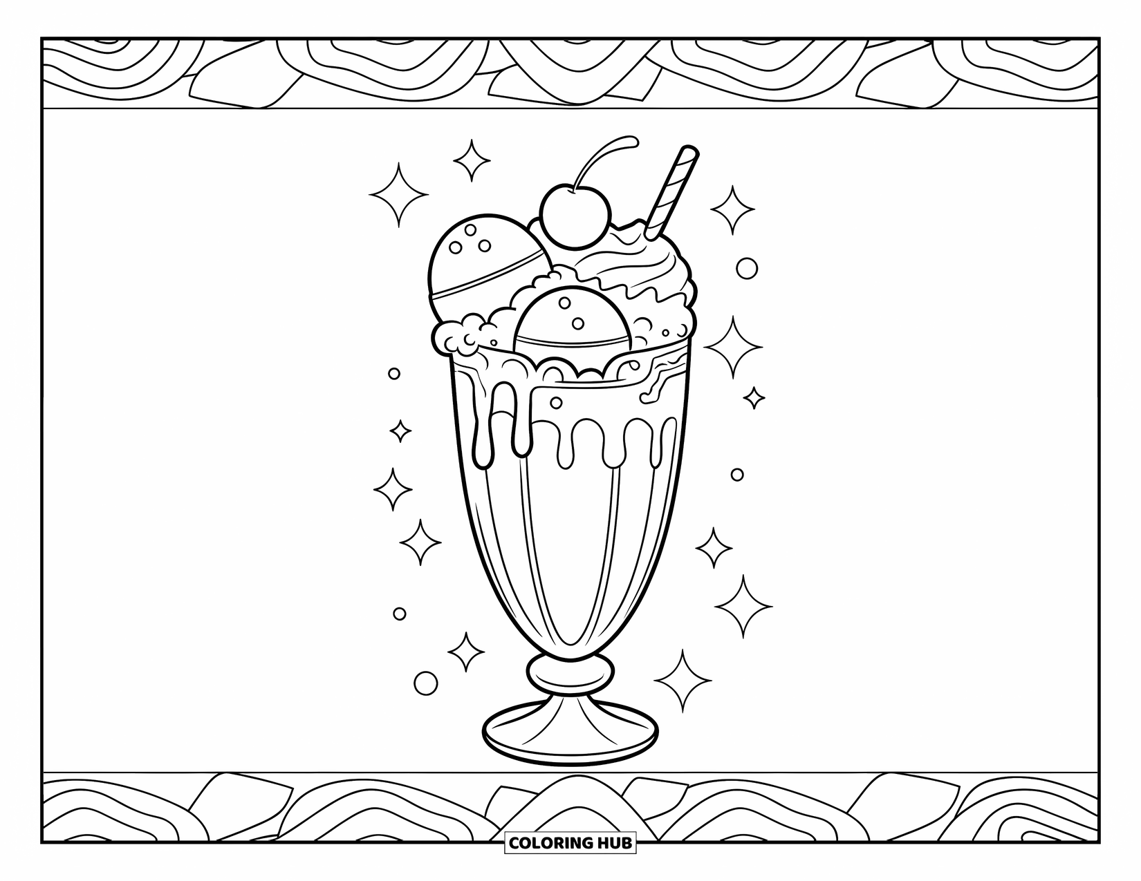 Desen de colorat cu înghețată pentru copii: Un pahar retro de milkshake umplut cu înghețată, frișcă și o cireașă, înconjurat de modele din anii '80
