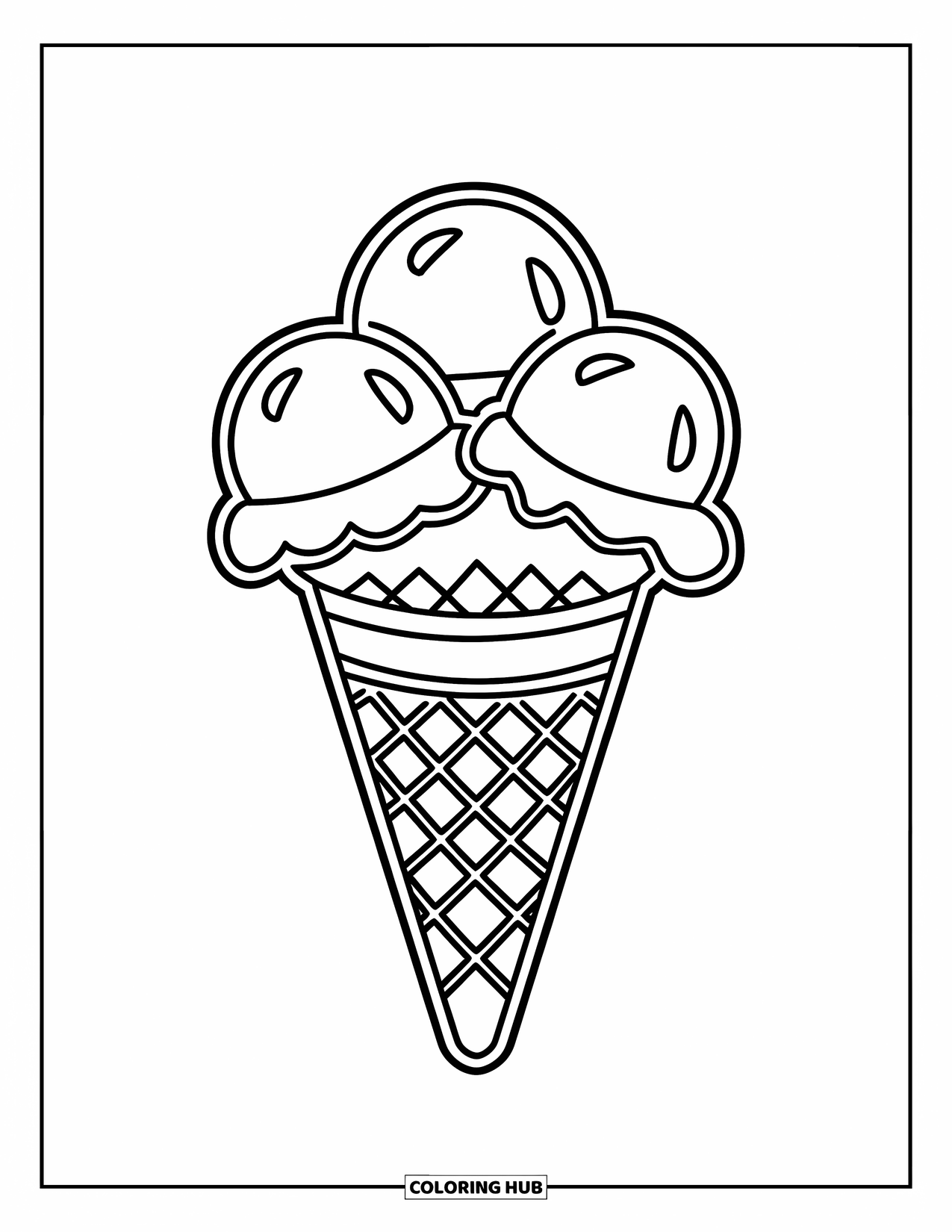 Desen de colorat cu înghețată pentru copii: Un cornet simplu de înghețată cu trei cupe, cu contururi îndrăznețe și un design vesel