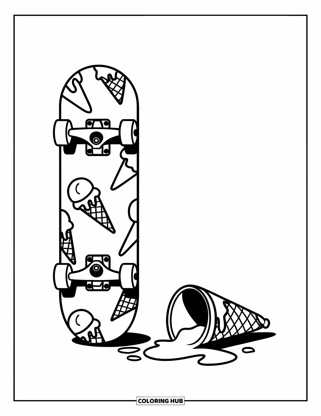 Desen de colorat cu înghețată pentru copii: Un skateboard decorat cu modele de înghețată, așezat lângă un cornet de înghețată vărsat