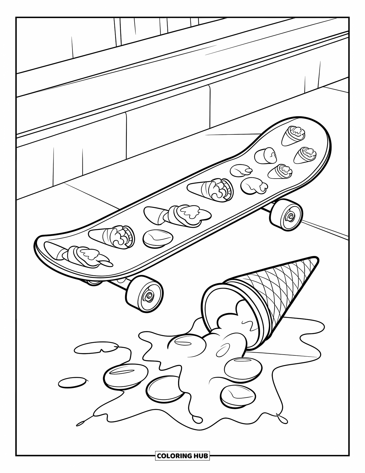 Desen de colorat cu înghețată pentru copii: Un skateboard cu ilustrații tematice cu înghețată, lângă un cornet căzut și sprinkles împrăștiate