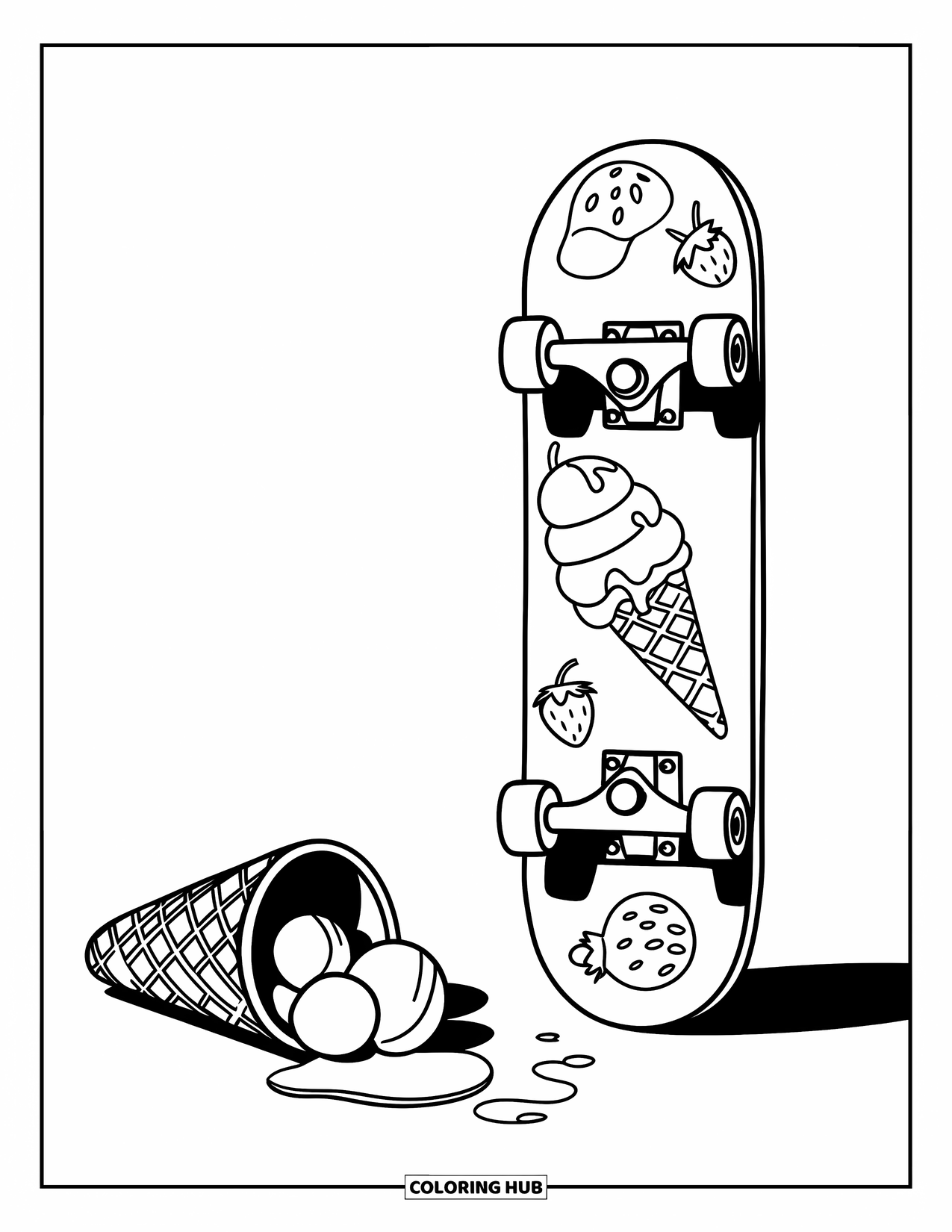 Desen de colorat cu înghețată pentru copii: Un skateboard cu modele colorate de înghețată, odihnindu-se lângă un cornet scăpat cu cupe care se topesc