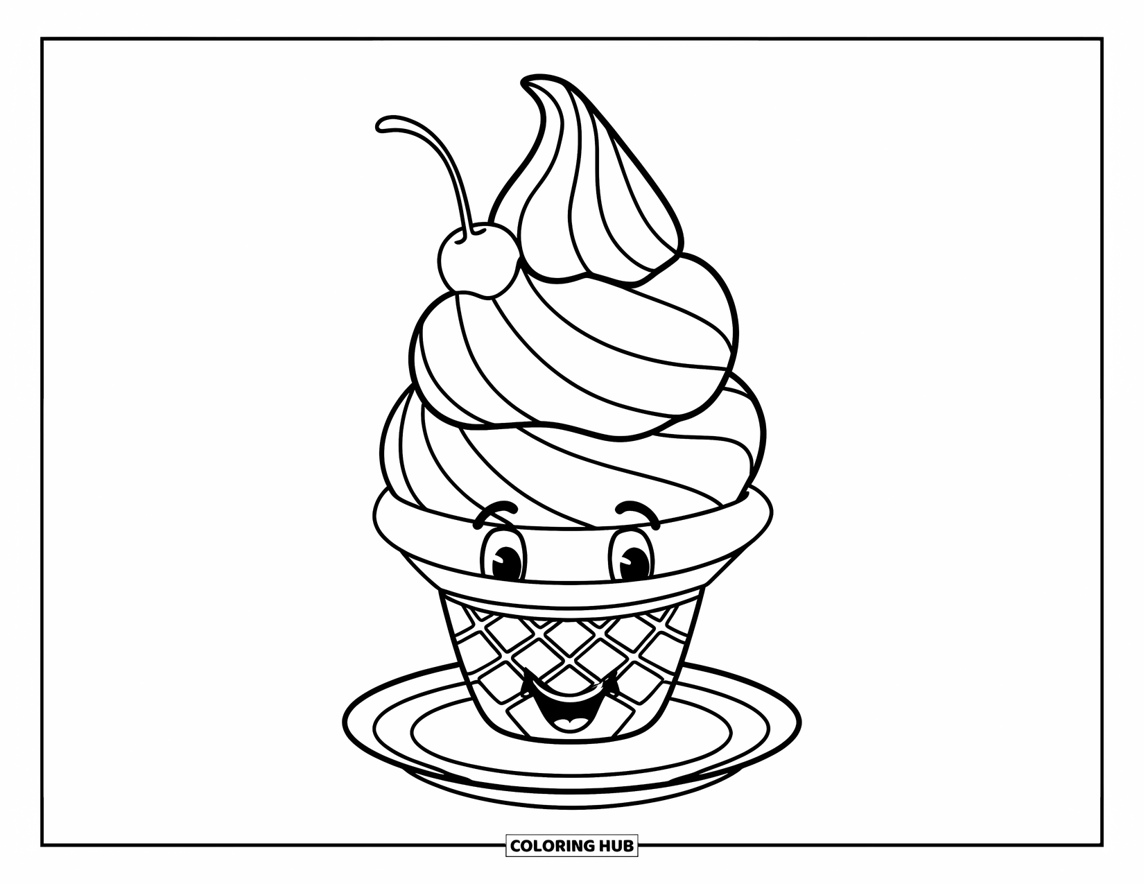 Desen de colorat cu înghețată pentru copii: Un cornet de înghețată zâmbitor cu două cireșe deasupra, așezat pe o farfurie, plin de dulceață