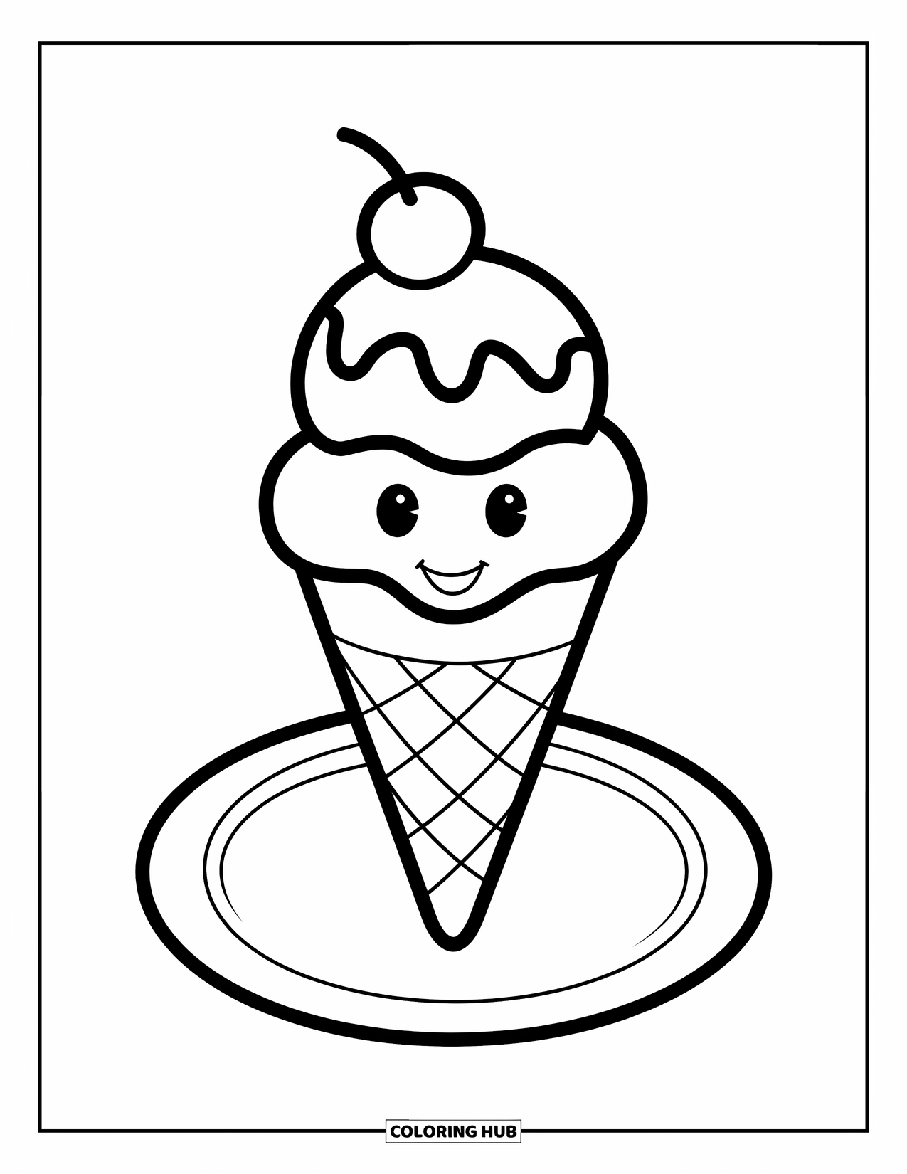 Desen de colorat cu înghețată pentru copii: Un cornet de înghețată zâmbitor cu două cupe și o cireașă deasupra, așezat pe o farfurie albă curată