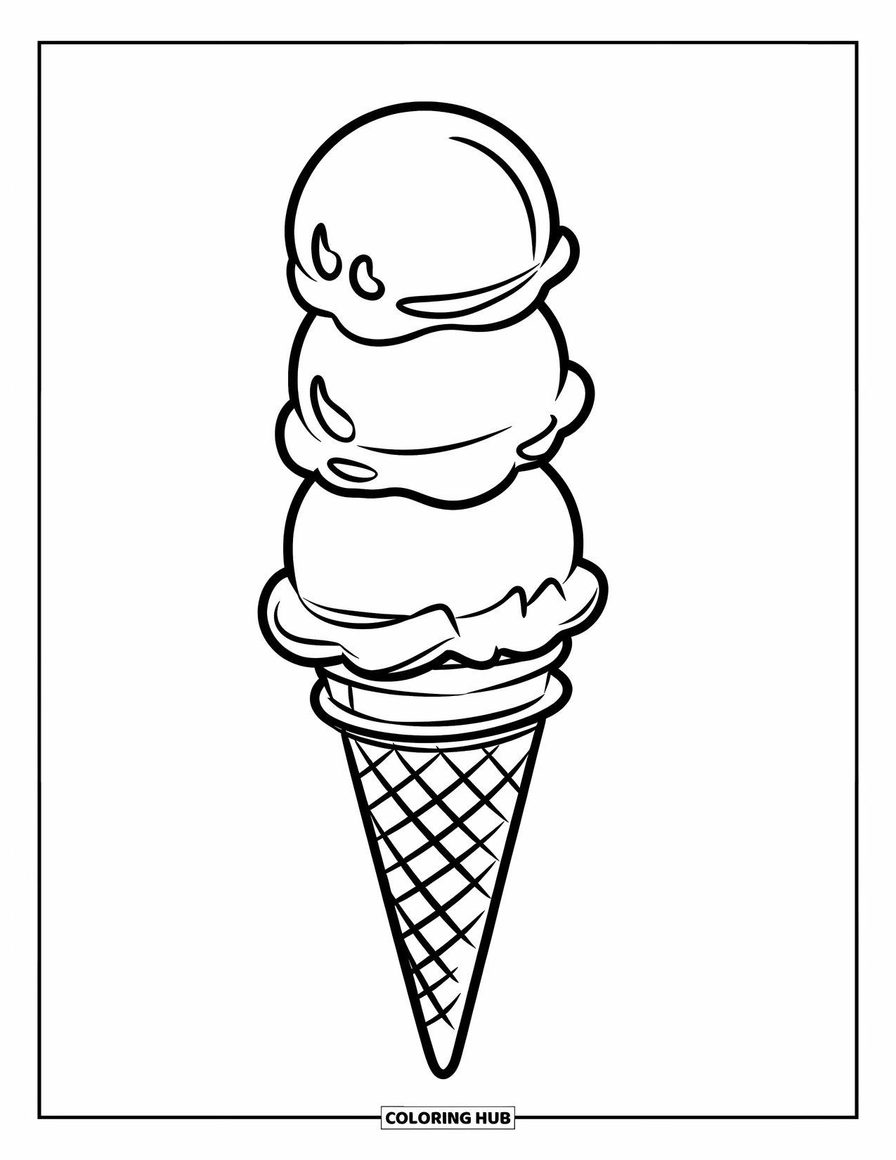 Desen de colorat cu înghețată pentru copii: O stivă de trei cupe de înghețată într-un cornet, ținută de un personaj zâmbitor cu o expresie veselă
