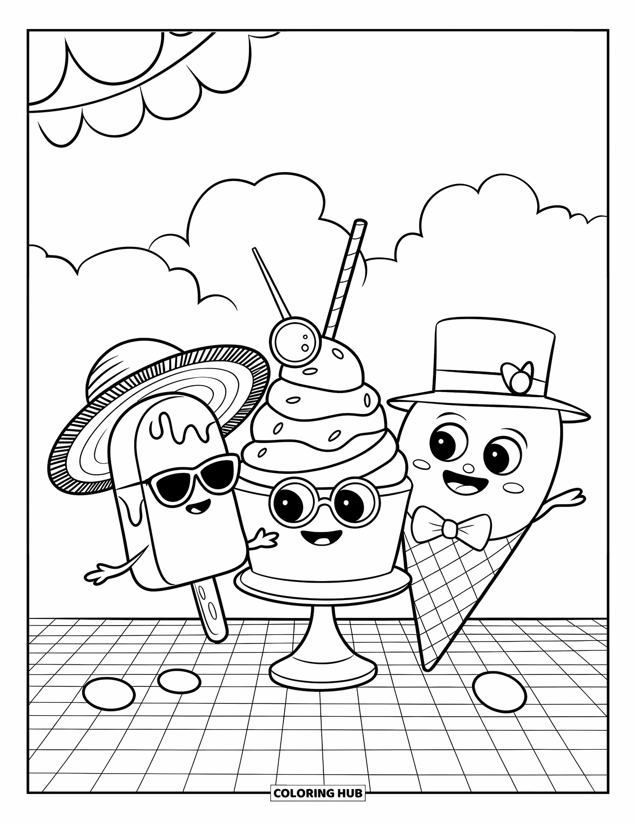 Desen de colorat cu înghețată pentru copii: Un grup elegant de bunătăți de înghețată are un picnic, purtând ochelari de soare, papioane și jobene