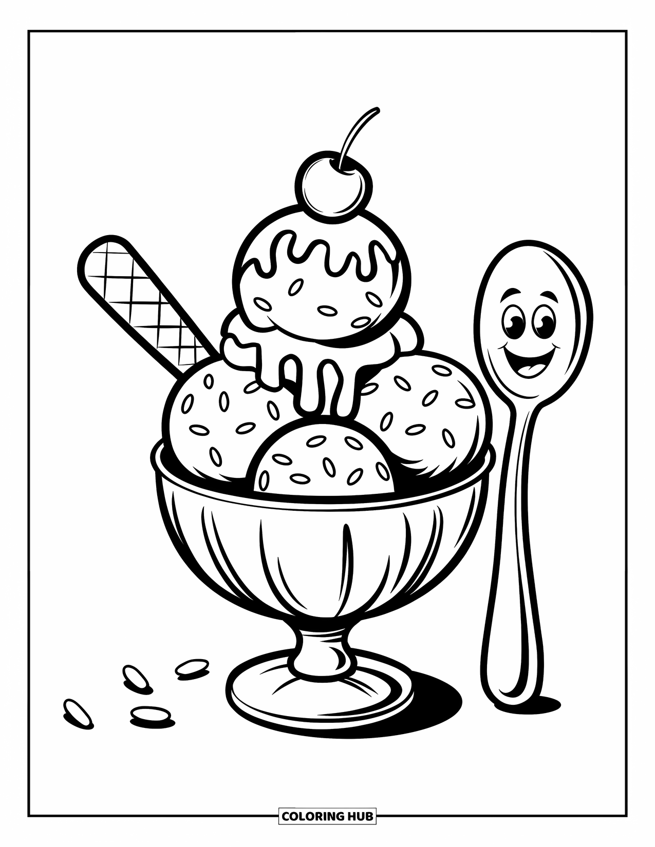 Desen de colorat cu înghețată pentru copii: O cupă dulce de înghețată cu glazură de ciocolată, sprinkles și o cireașă, însoțită de o lingură zâmbitoare
