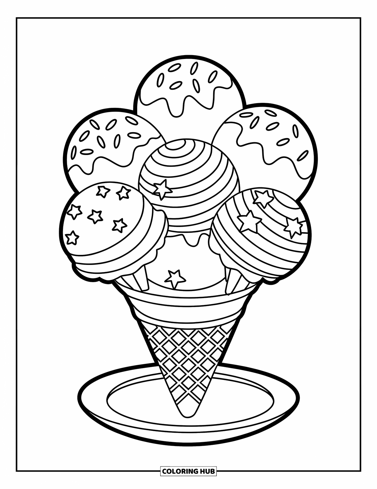 Desen de colorat cu înghețată pentru copii: Un cornet de înghețată impunător cu cinci cupe, fiecare decorată cu sprinkles, dungi și stele