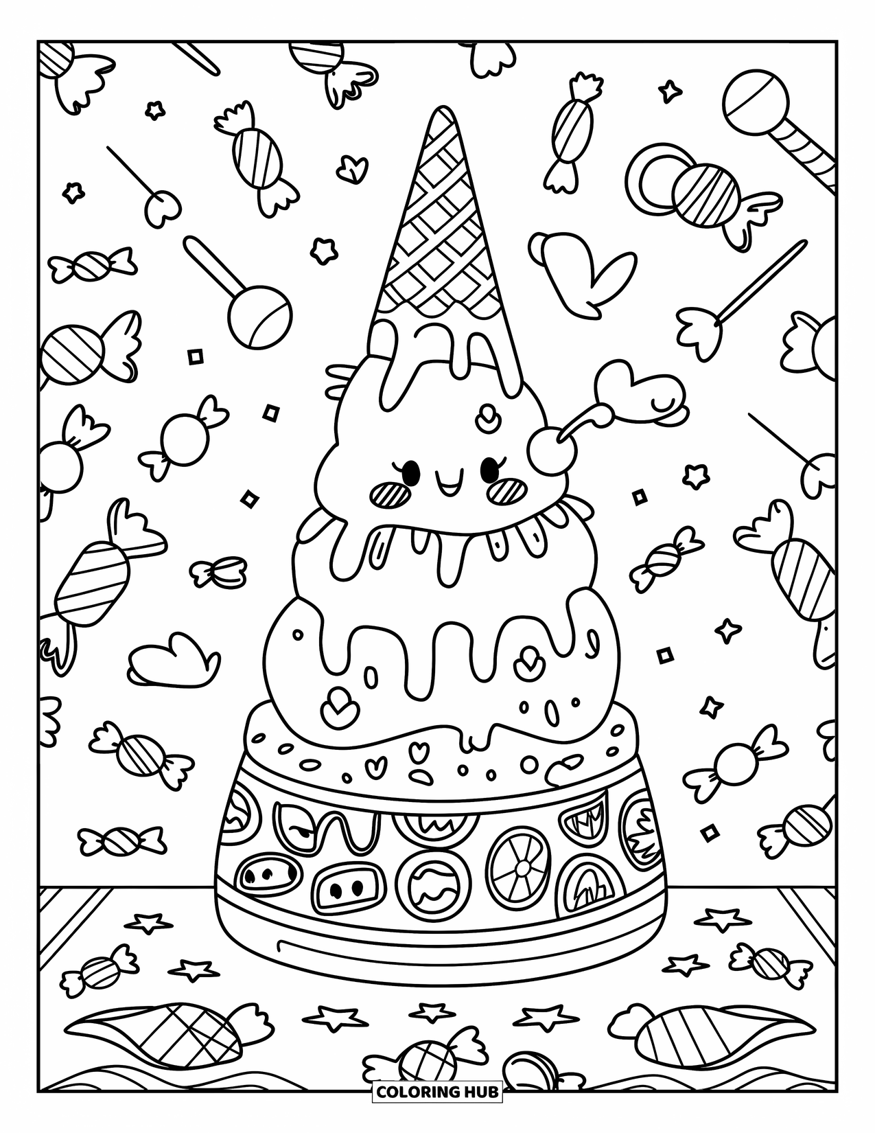 Desen de colorat cu înghețată pentru copii: O stivă impunătoare de înghețată cu detalii drăguțe, înconjurată de bomboane mici și picături care se topesc