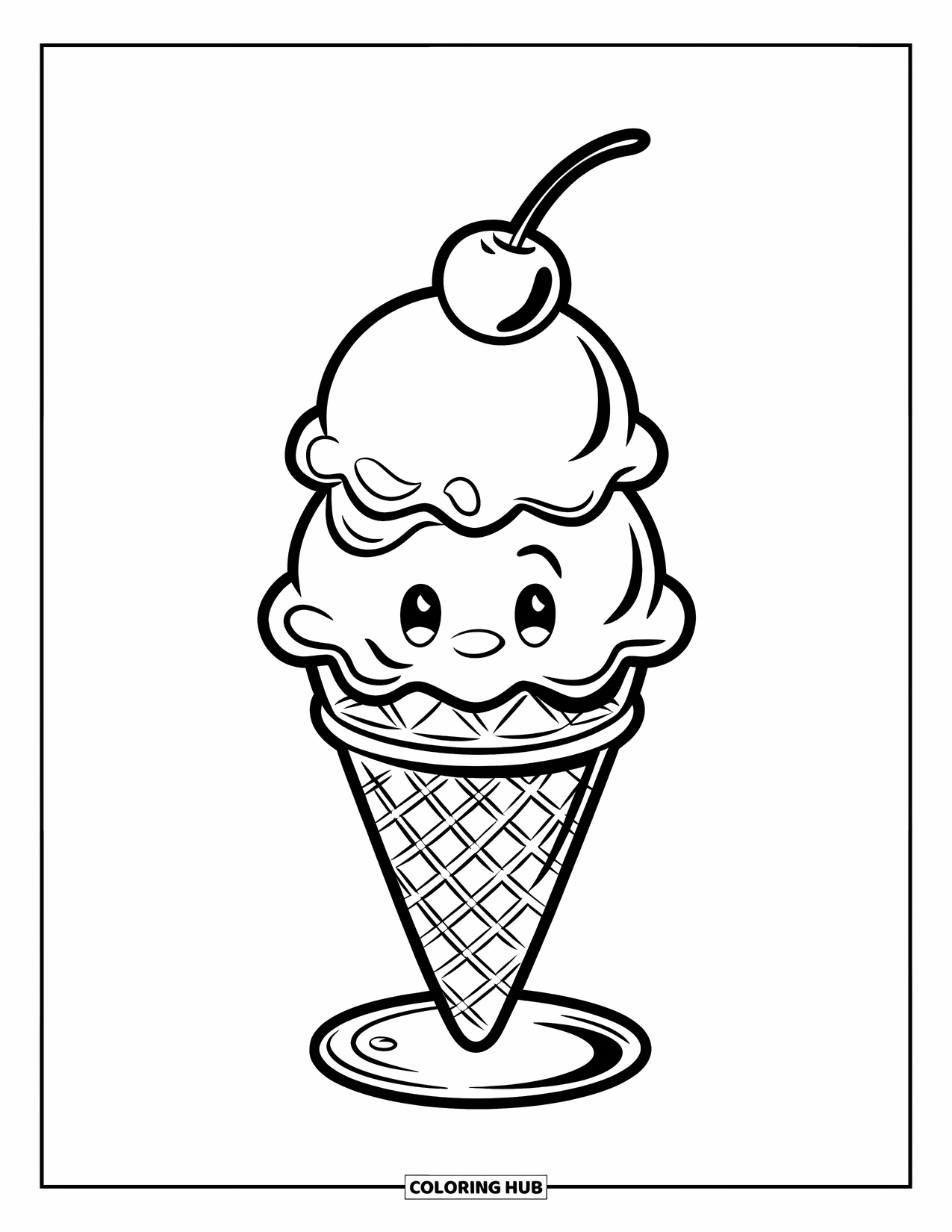 Desen de colorat cu înghețată pentru copii: Un cornet de înghețată cu două cupe, cu un model de vafe, o cireașă deasupra și un design moale, rotunjit