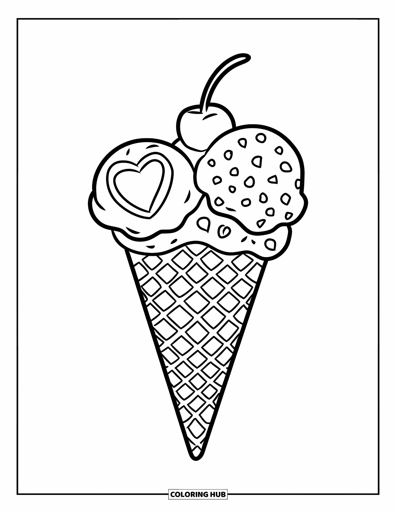 Desen de colorat cu înghețată pentru copii: Un cornet de vafe cu trei cupe, fiecare decorată cu modele, acoperită cu o cireașă și gata de savurat