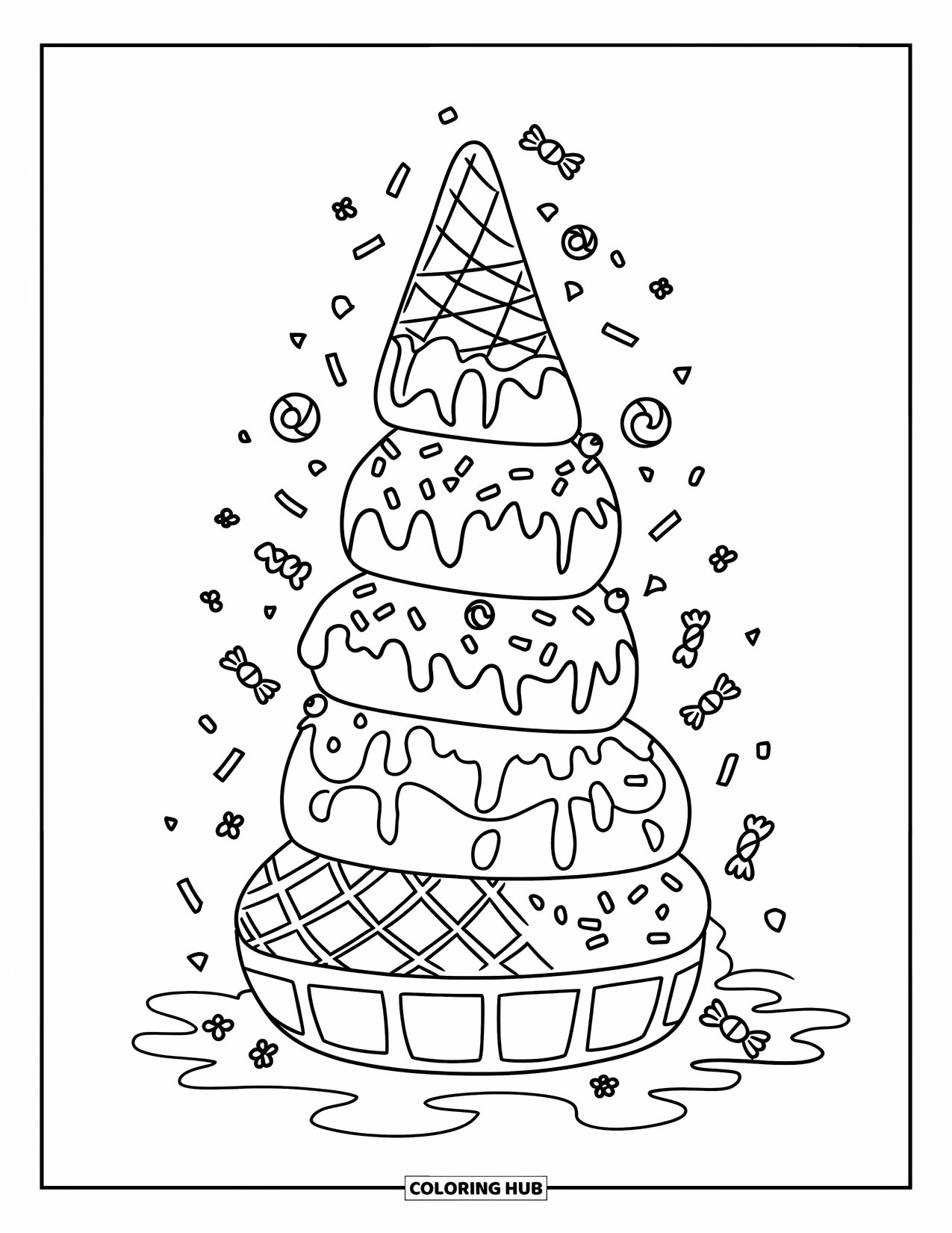 Desen de colorat cu înghețată pentru copii: Un turn capricios de înghețată cu mai multe cupe, acoperit cu sprinkles, ciocolată și cireșe