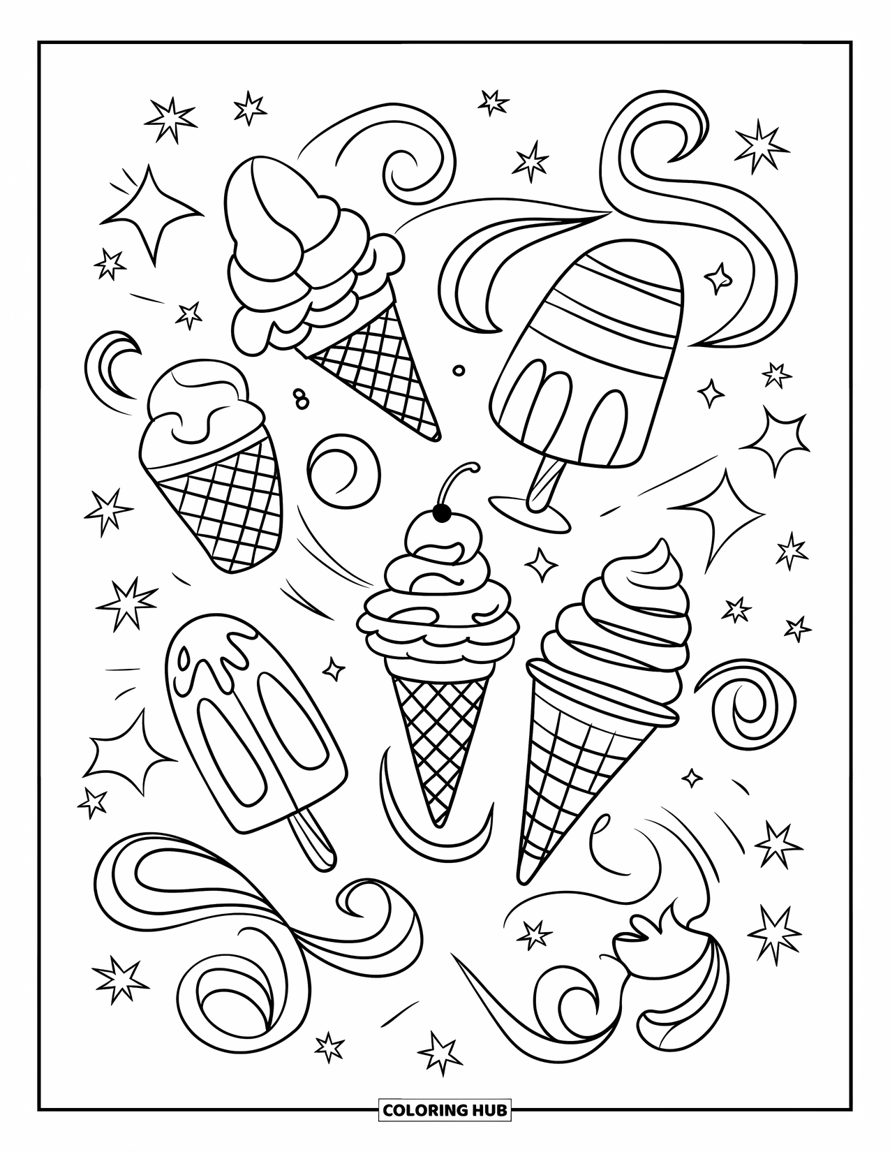 Desen de colorat cu înghețată pentru copii: Un amestec capricios de elemente de înghețată, stele și vârtejuri, perfect pentru colorare creativă