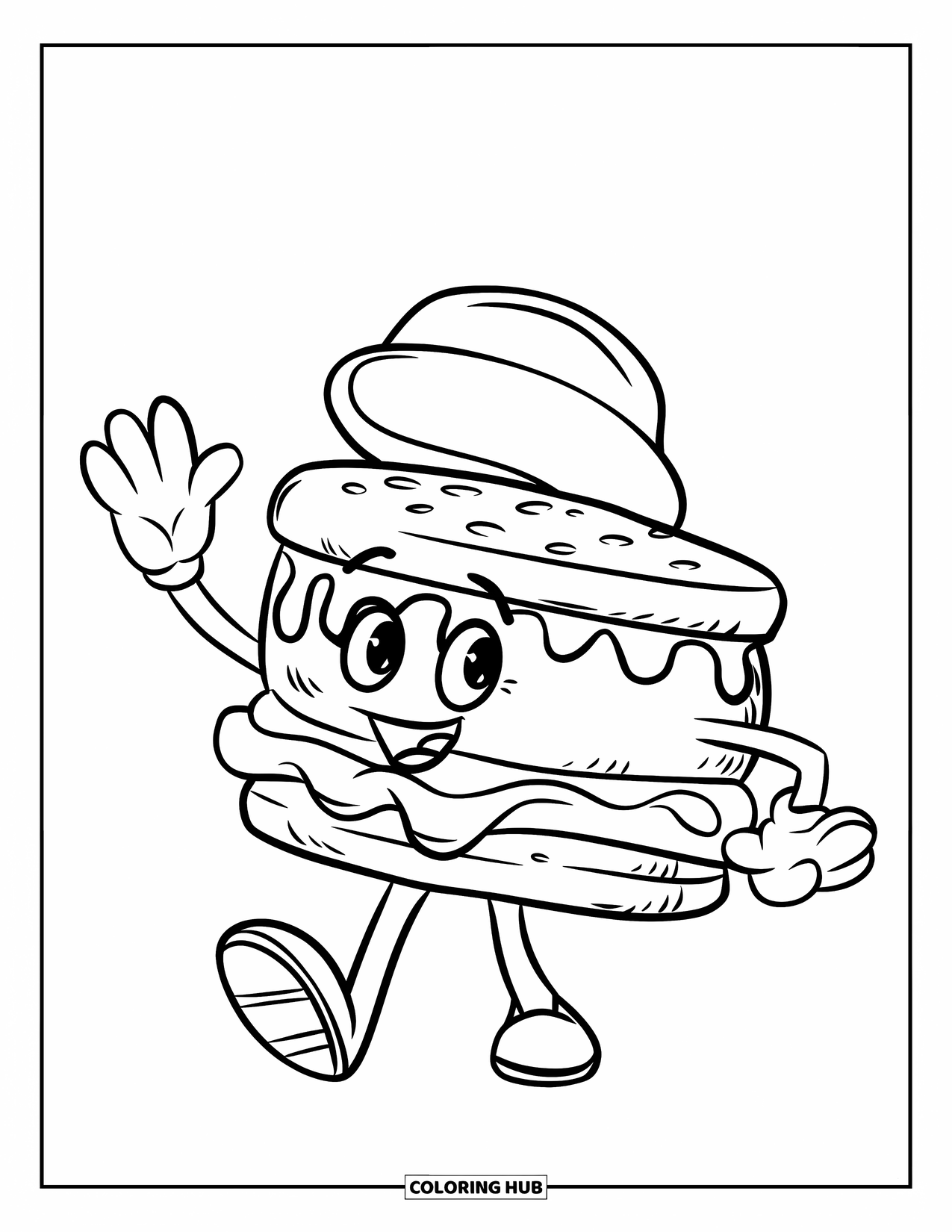Desen de colorat cu înghețată pentru copii: Un sandviș cu înghețată cu o pălărie și un zâmbet mare face cu mâna vesel, plin de energie distractivă