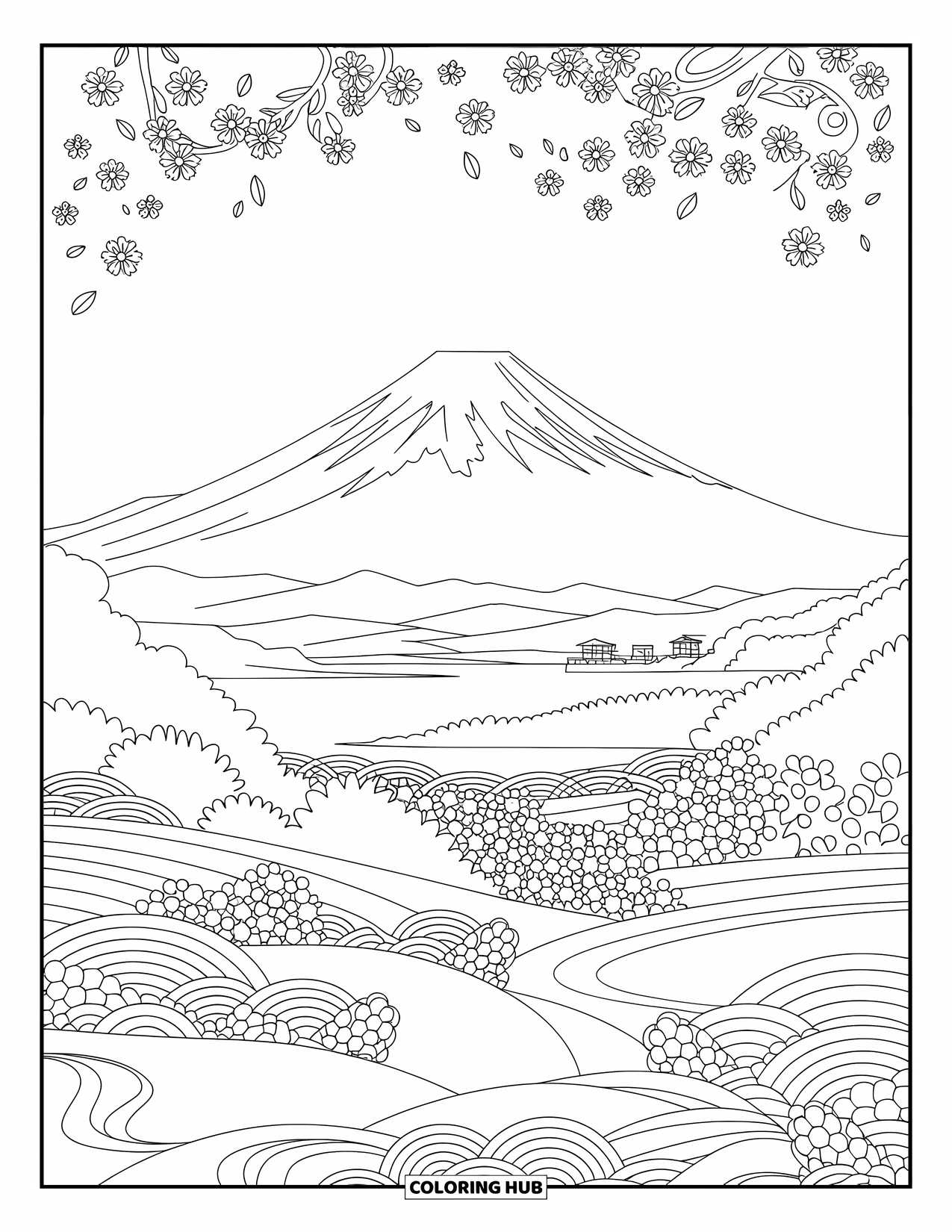Desen de colorat cu Japonia pentru adulți: O priveliște uluitoare a Muntelui Fuji, încadrată de cireși sakura în floare