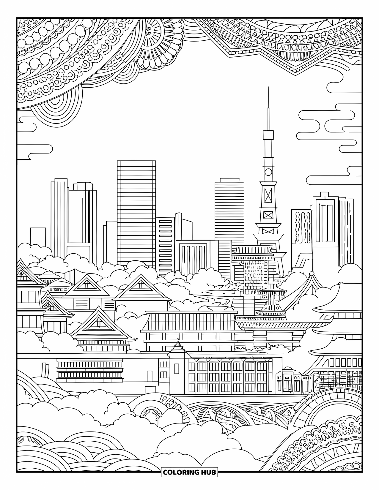 Desen de colorat cu Japonia pentru adulți: Un pod duce spre un peisaj urban unde zgârie-nori moderni se înalță lângă clădiri istorice