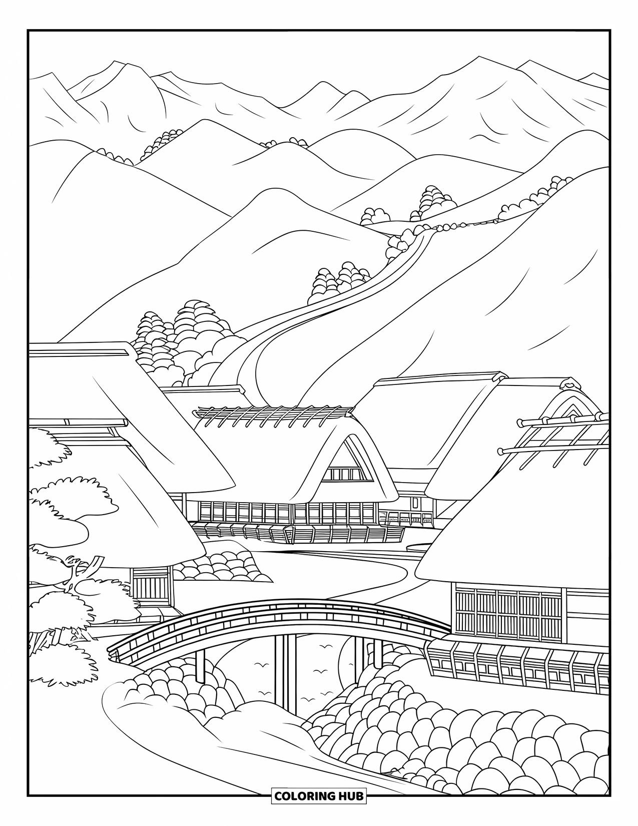 Desen de colorat cu Japonia pentru adulți: Un sat fermecător cu case cu acoperiș de paie se află la poalele munților învăluiți în ceață