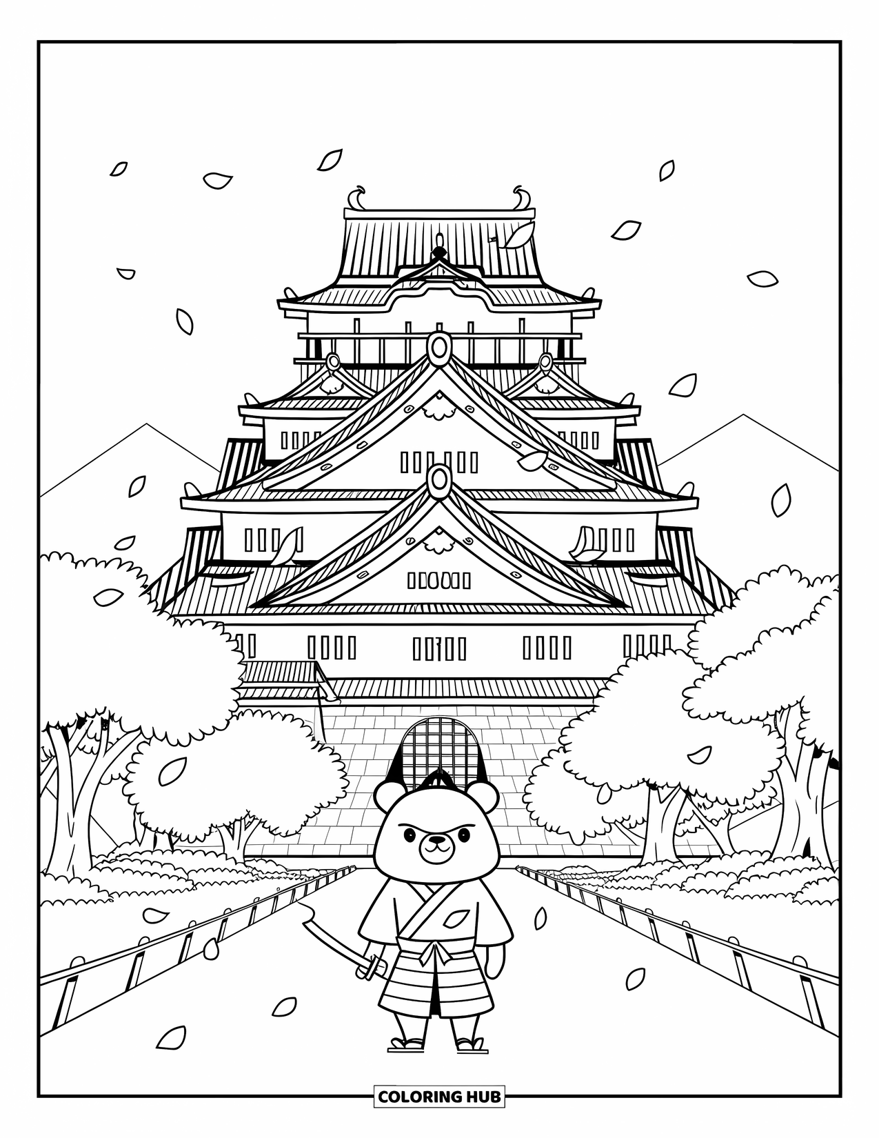 Desen de colorat cu Japonia pentru adulți: Un urs samurai vesel stă în fața Castelului Osaka, înconjurat de petale de sakura plutitoare