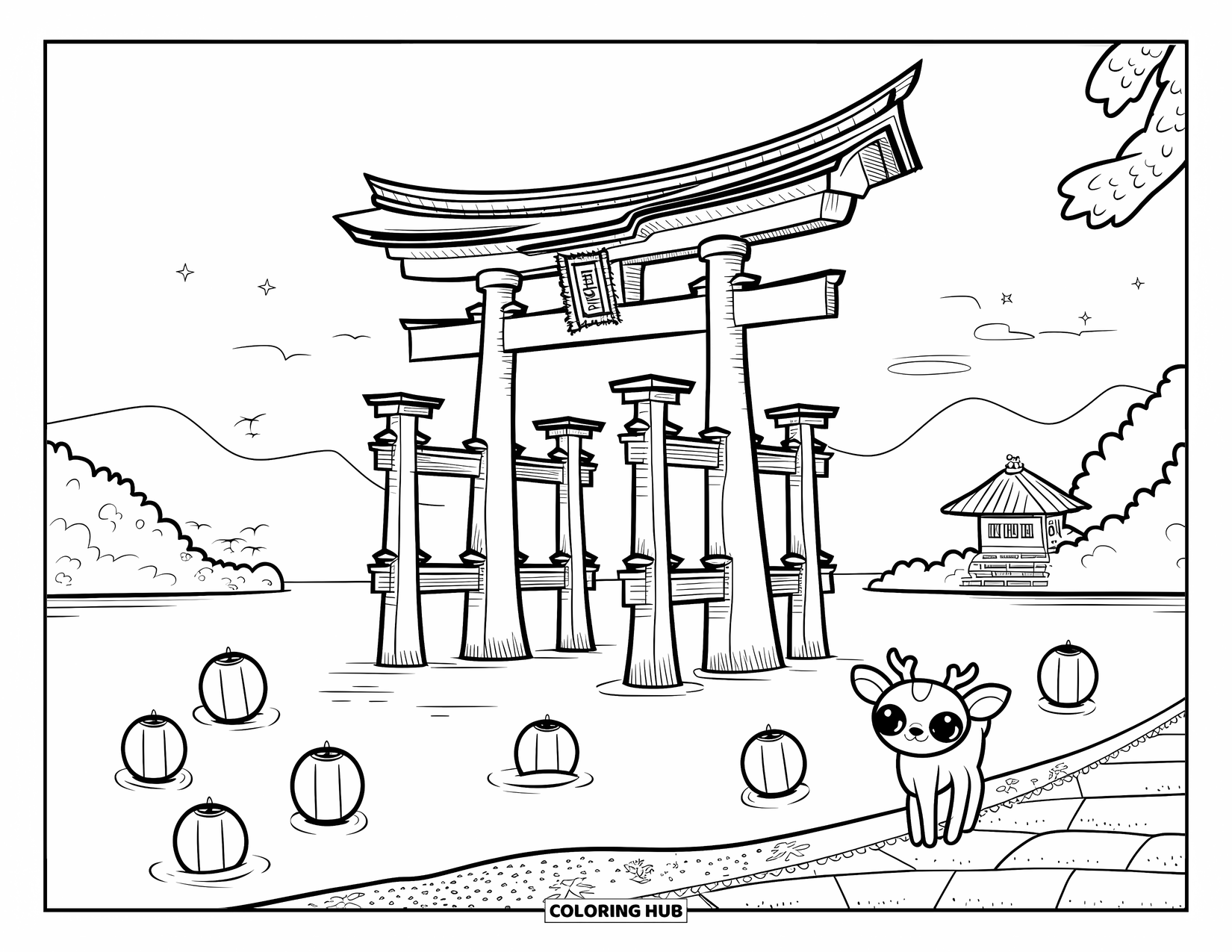 Desen de colorat cu Japonia pentru adulți: Un cerb privește Marele Torii în timp ce felinarele plutesc ușor pe apa calmă