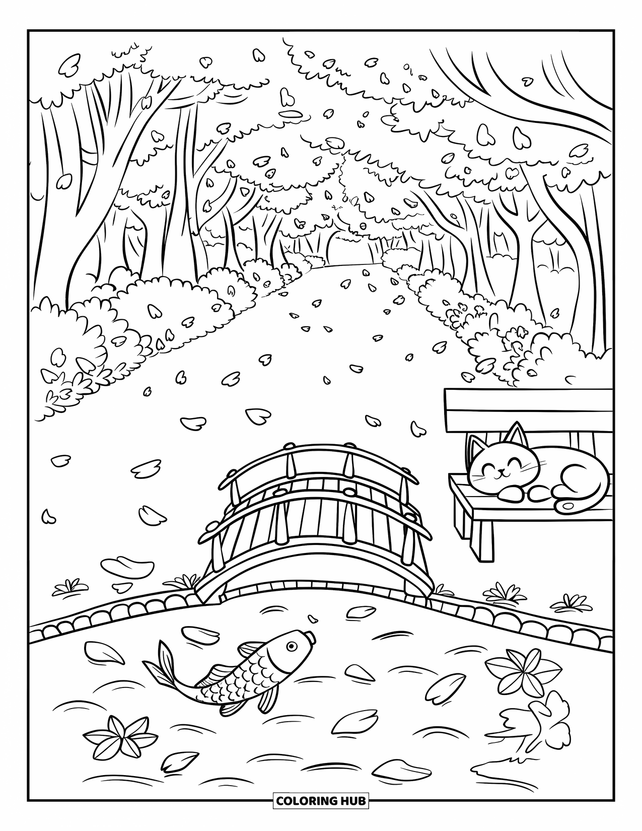 Desen de colorat cu Japonia pentru adulți: O pisică pufoasă se odihnește lângă un iaz unde un pește koi sare sub cireșii înfloriți