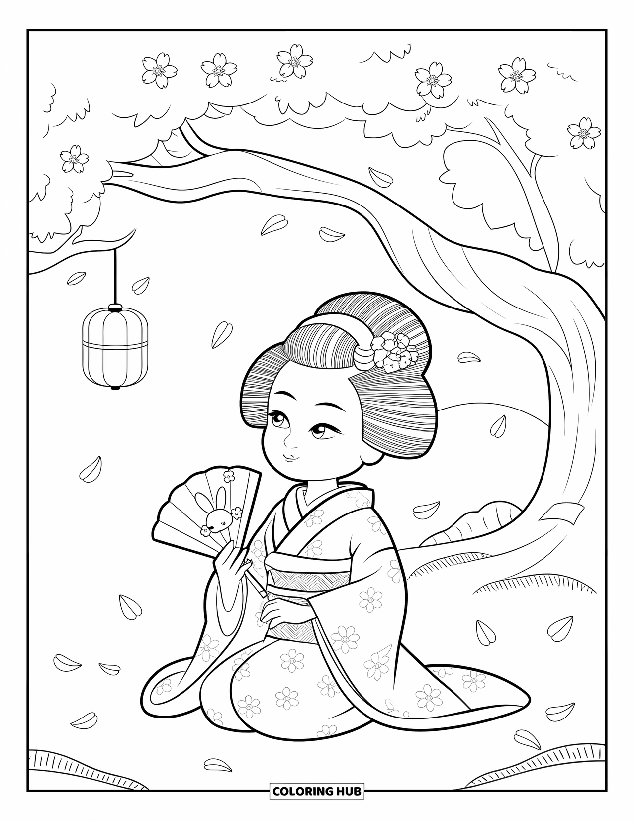 Desen de colorat cu Japonia pentru adulți: O maiko grațioasă stă sub un cireș înflorit, ținând un evantai cu un design de iepuraș