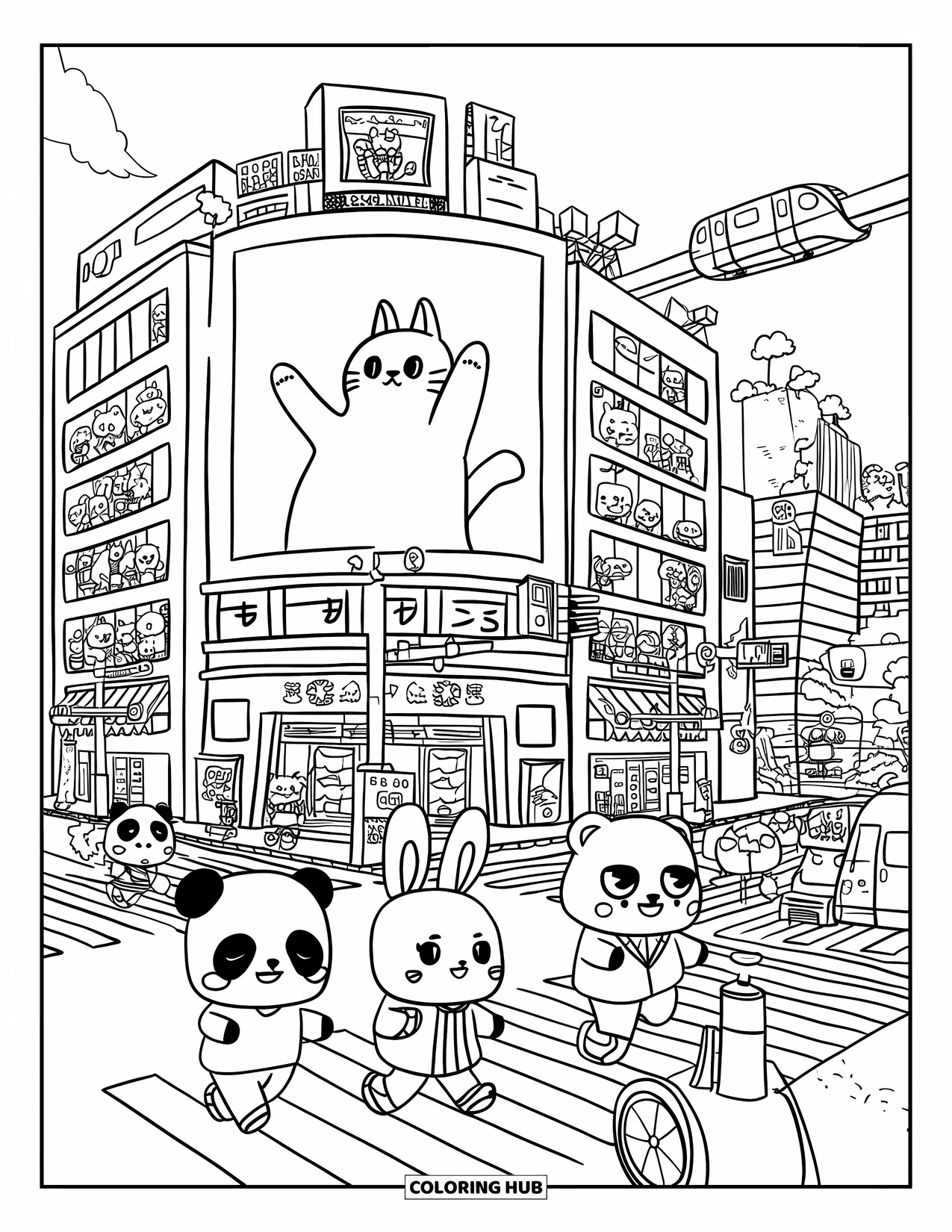 Desen de colorat cu Japonia pentru adulți: Un panda, un iepuraș și un urs kawaii traversează Shibuya în timp ce un tren gonește deasupra