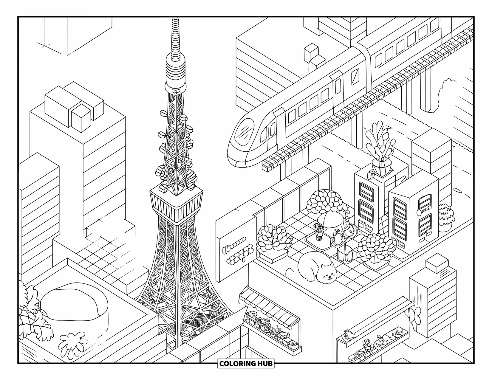Desen de colorat cu Japonia pentru adulți: O scenă din Tokyo în stil kawaii, cu clădiri mici, un automat și un tren care trece