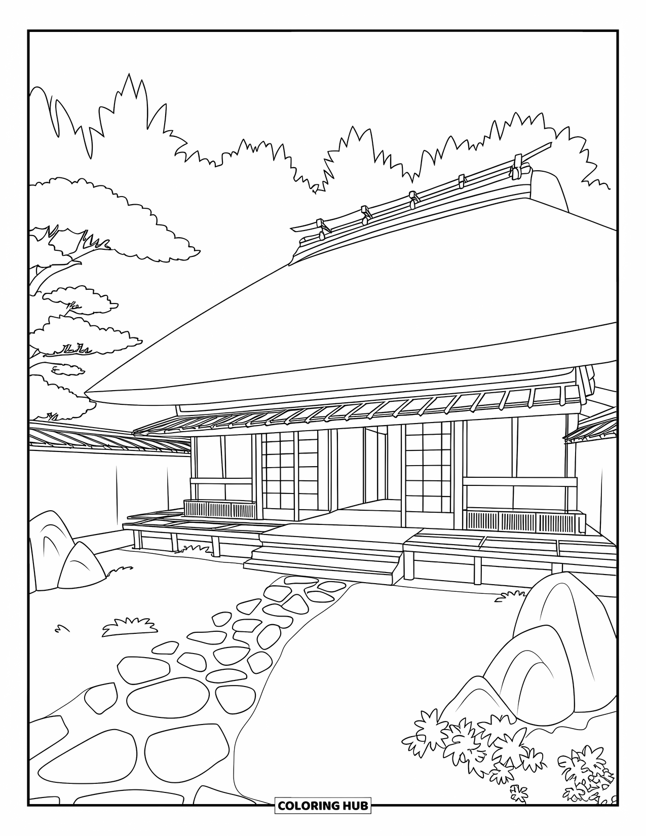 Desen de colorat cu Japonia pentru adulți: O ceainărie Kyoto stă liniștită într-o grădină luxuriantă, conectată printr-o potecă de piatră