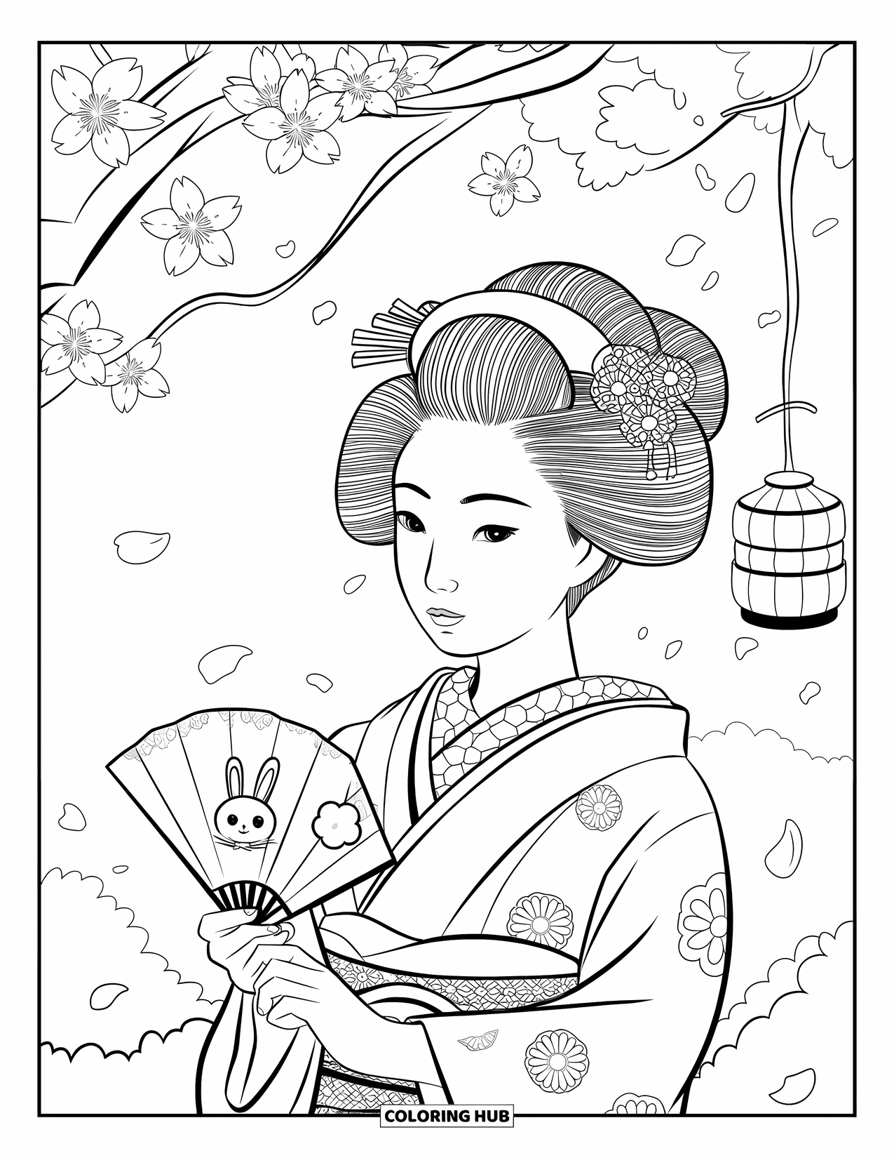 Desen de colorat cu Japonia pentru adulți: O maiko zâmbește blând sub un cireș, cu un felinar atârnând de ramurile sale