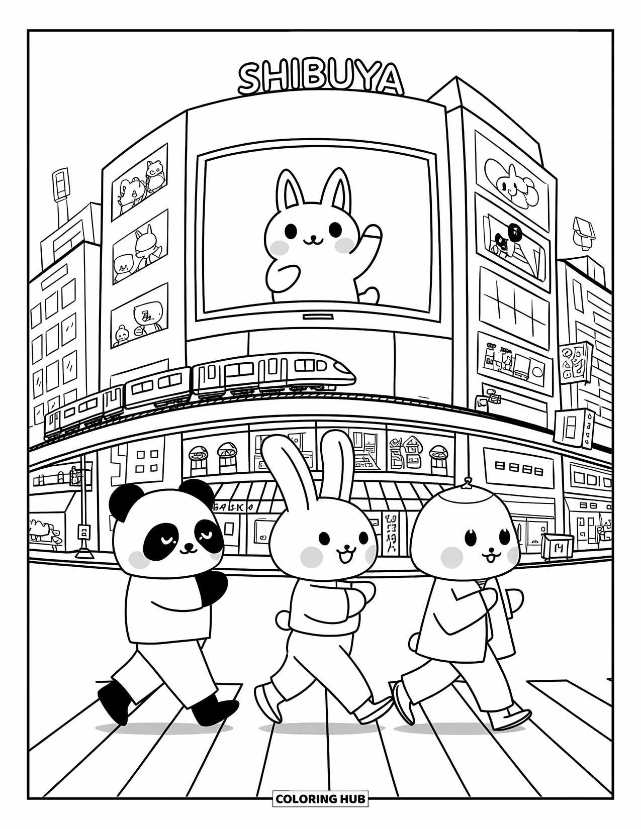 Desen de colorat cu Japonia pentru adulți: Un panda, un iepuraș și un urs traversează Shibuya Crossing, în timp ce semnele luminoase luminează fundalul
