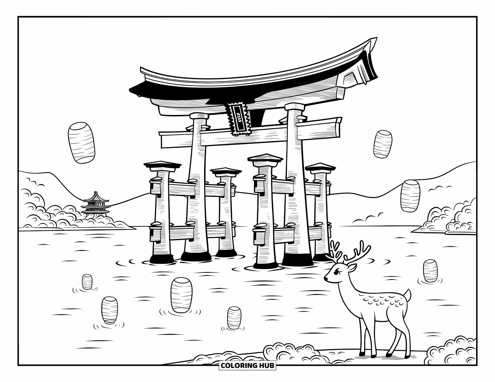 Desen de colorat cu Japonia pentru adulți: Un cerb pașnic urmărește Marele Torii din Miyajima în timp ce felinarele plutesc pe apă