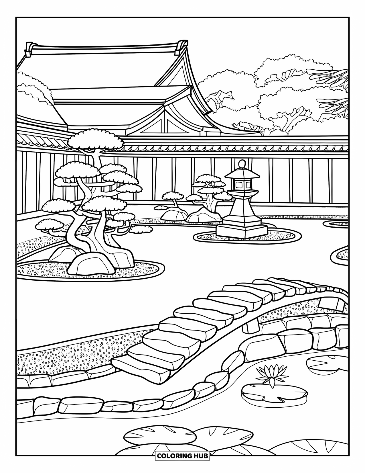 Desen de colorat cu Japonia pentru adulți: O grădină Zen pașnică prezintă pietriș greblat cu precizie și un pod de piatră peste un iaz