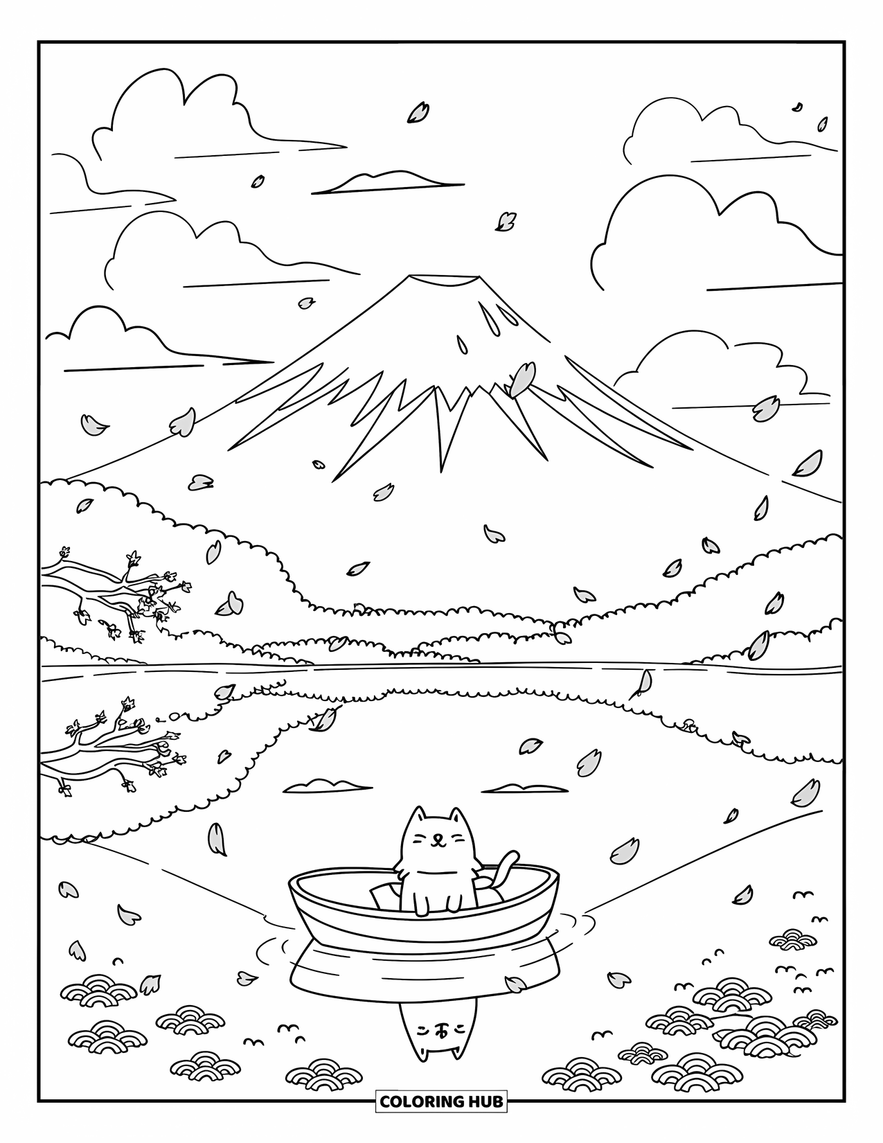 Desen de colorat cu Japonia pentru adulți: O pisică jucăușă se bucură de o plimbare cu barca lângă Muntele Fuji, înconjurată de cireși înfloriți plutitori