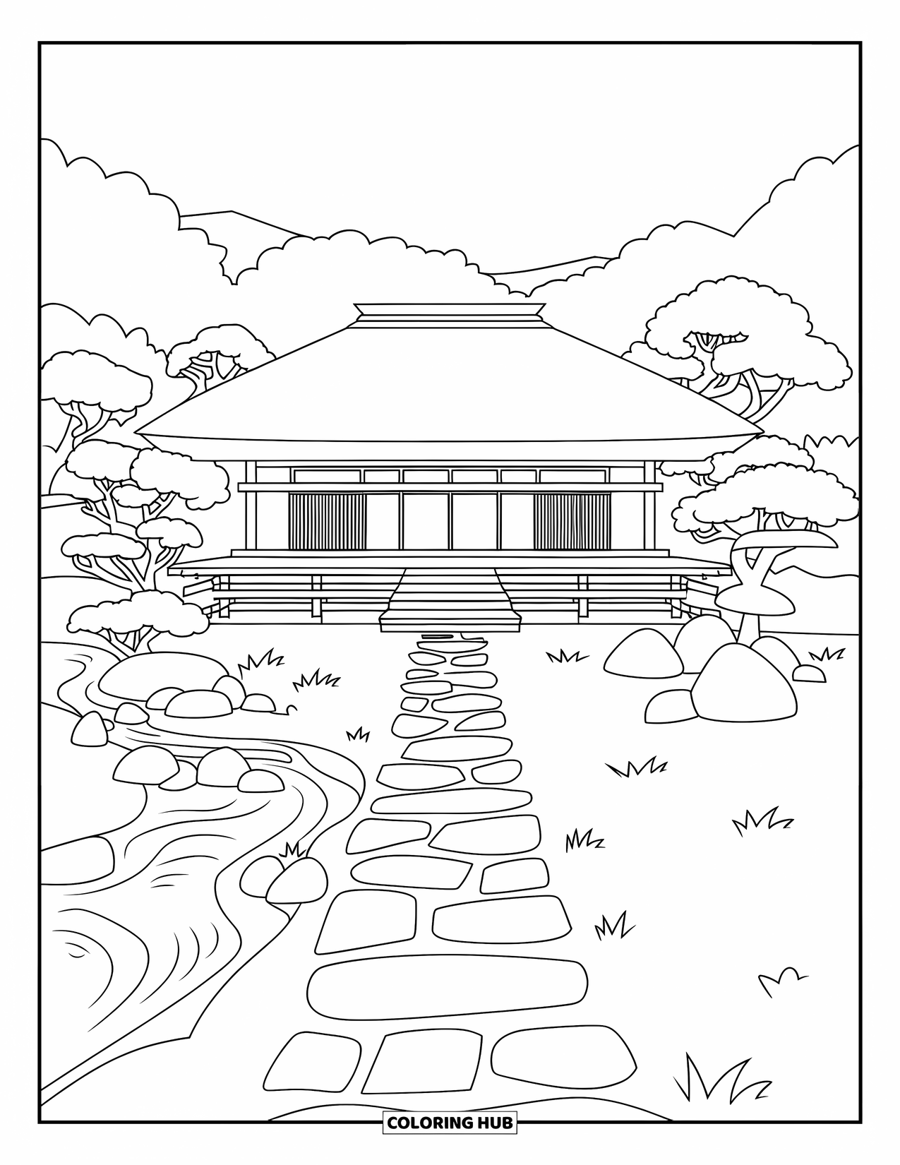 Desen de colorat cu Japonia pentru adulți: O ceainărie liniștită în stil Kyoto se află lângă un pârâu șiroind, cu o potecă spre ușa sa